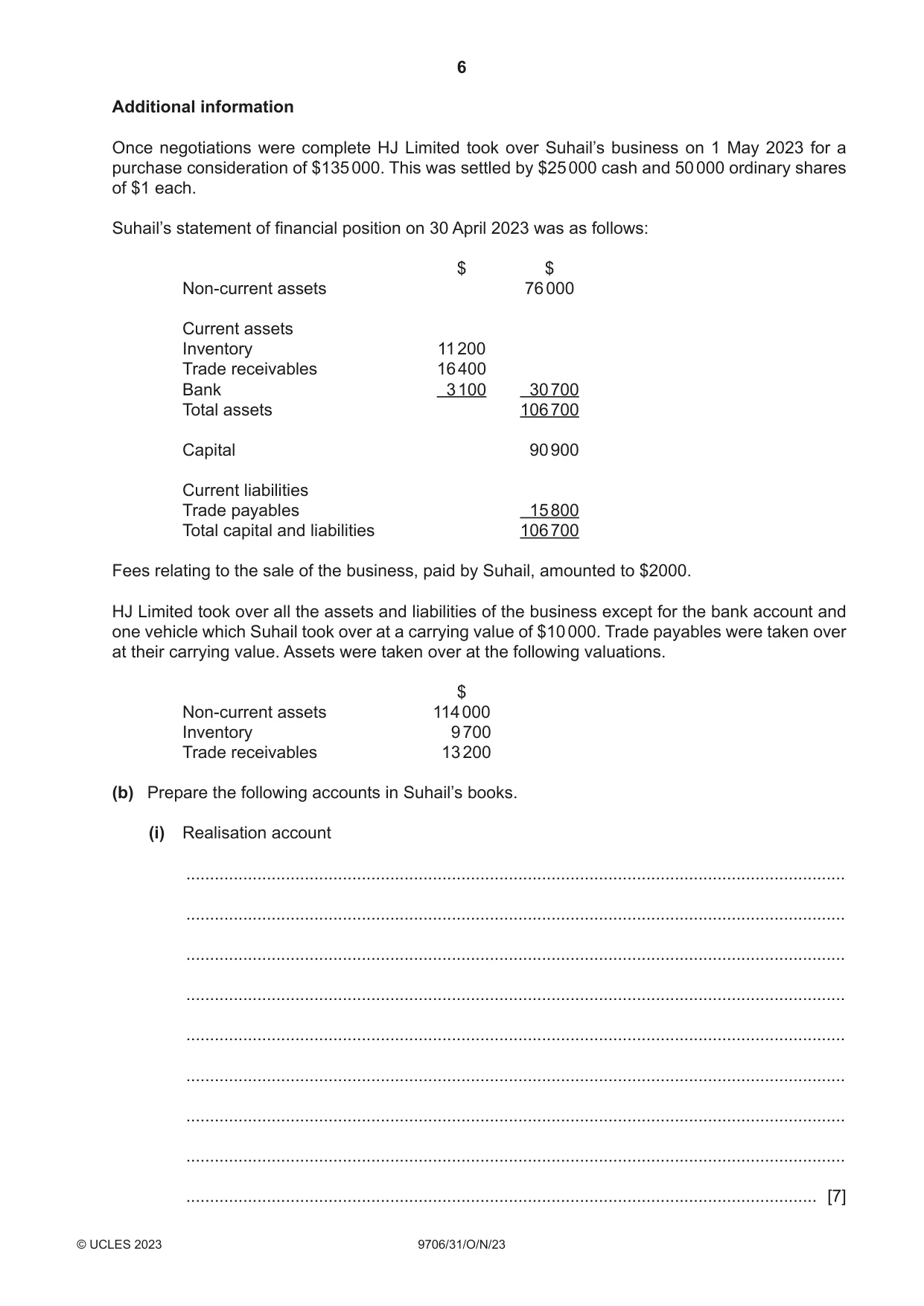 Cambridge A Level Accounting 9706 2023 Oct/Nov Paper 3 · Variant 1 question paper, page 6 of 12