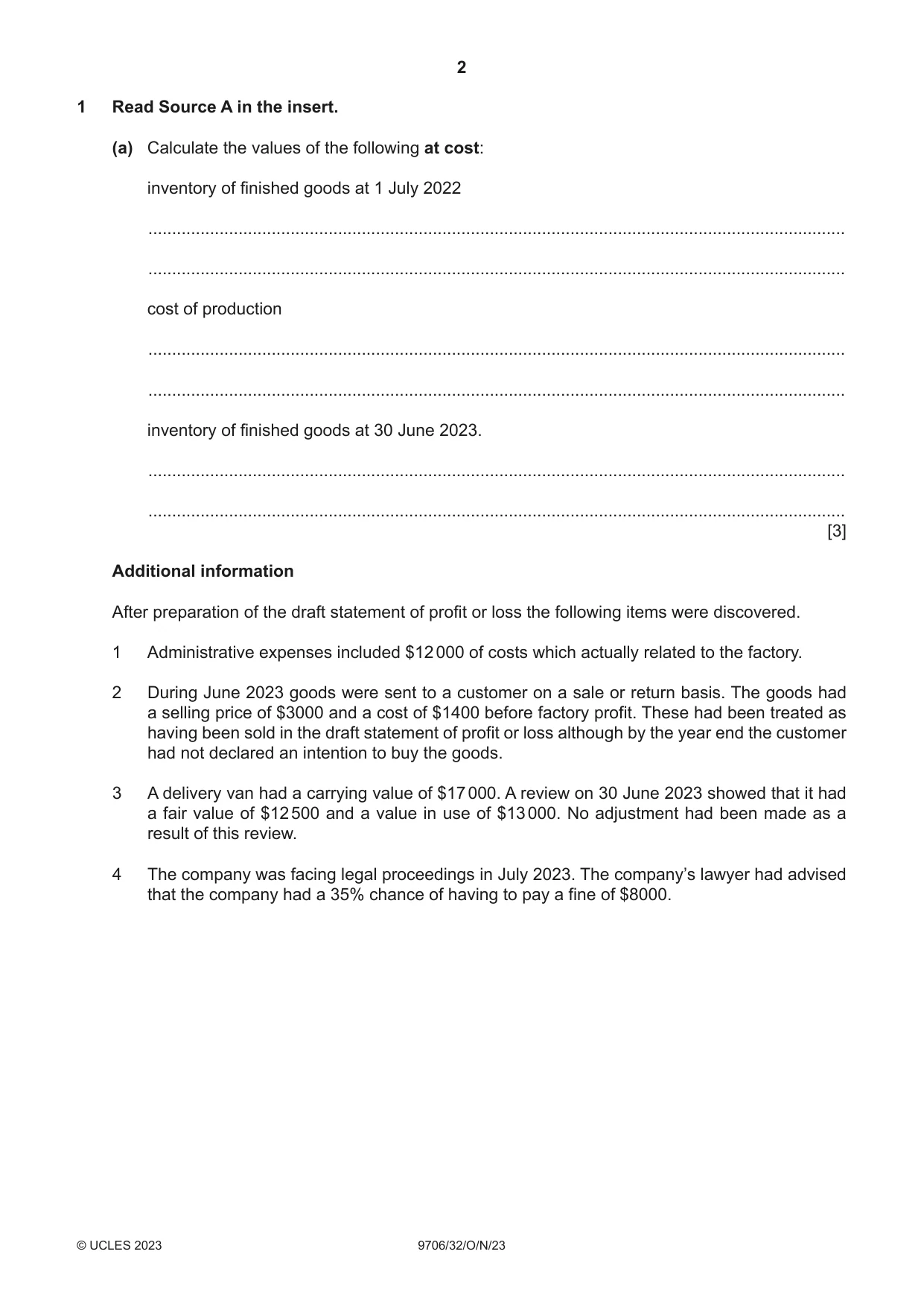 Cambridge A Level Accounting 9706 2023 Oct/Nov Paper 3 · Variant 2 question paper, page 2 of 12