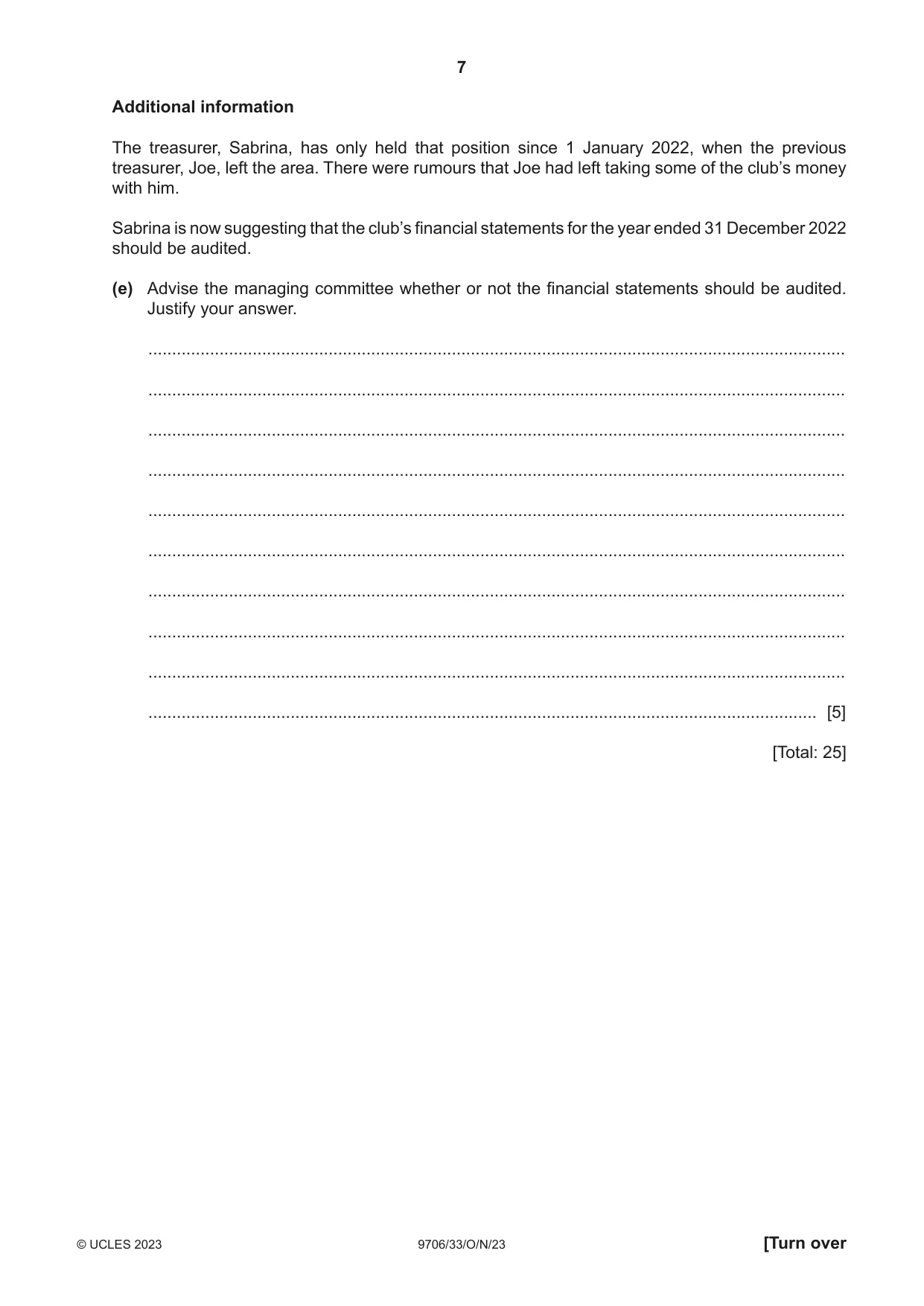 Cambridge A Level Accounting 9706 2023 Oct/Nov Paper 3 · Variant 3 question paper, page 7 of 12