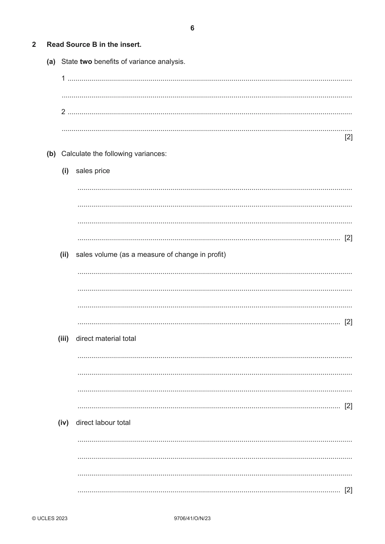 Cambridge A Level Accounting 9706 2023 Oct/Nov Paper 4 · Variant 1 question paper, page 6 of 8