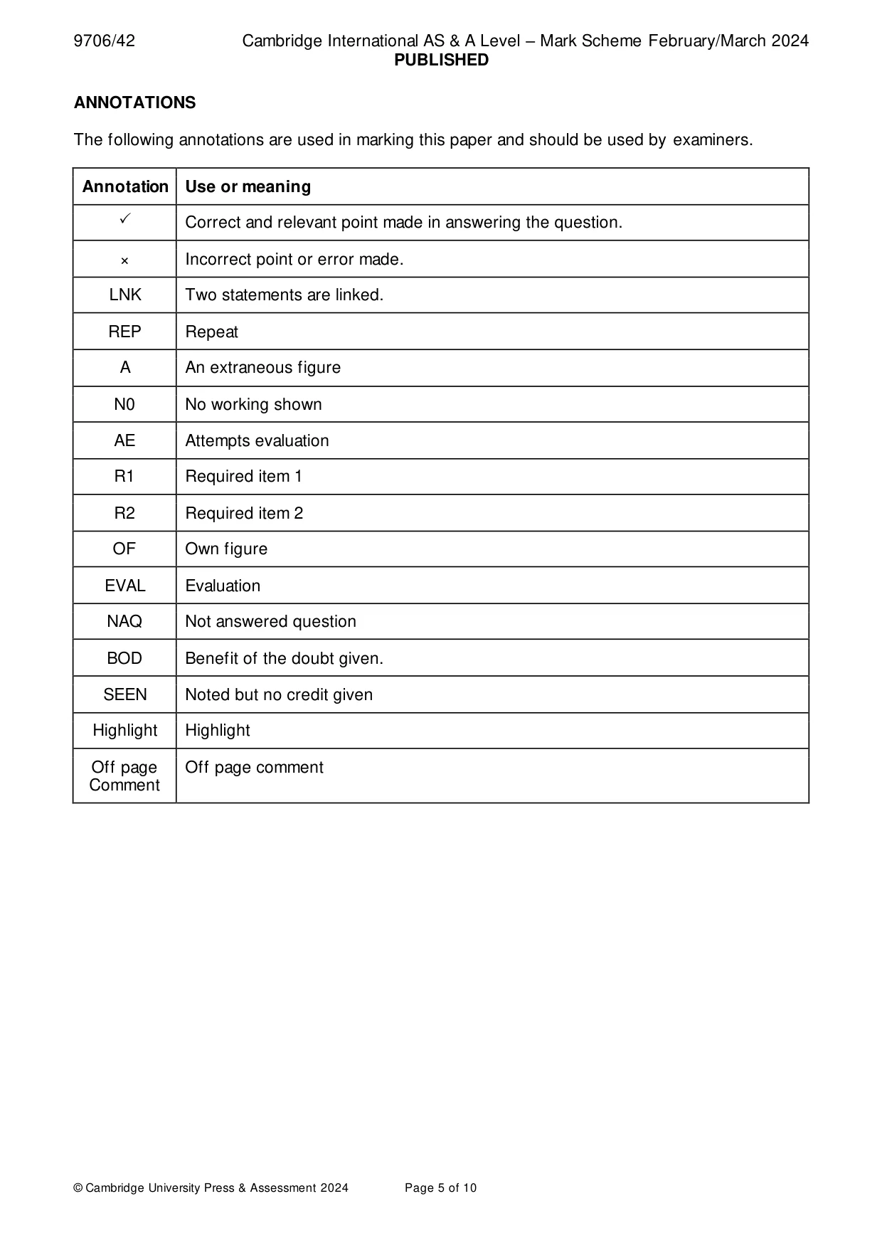 Mark scheme, page 5 of 10