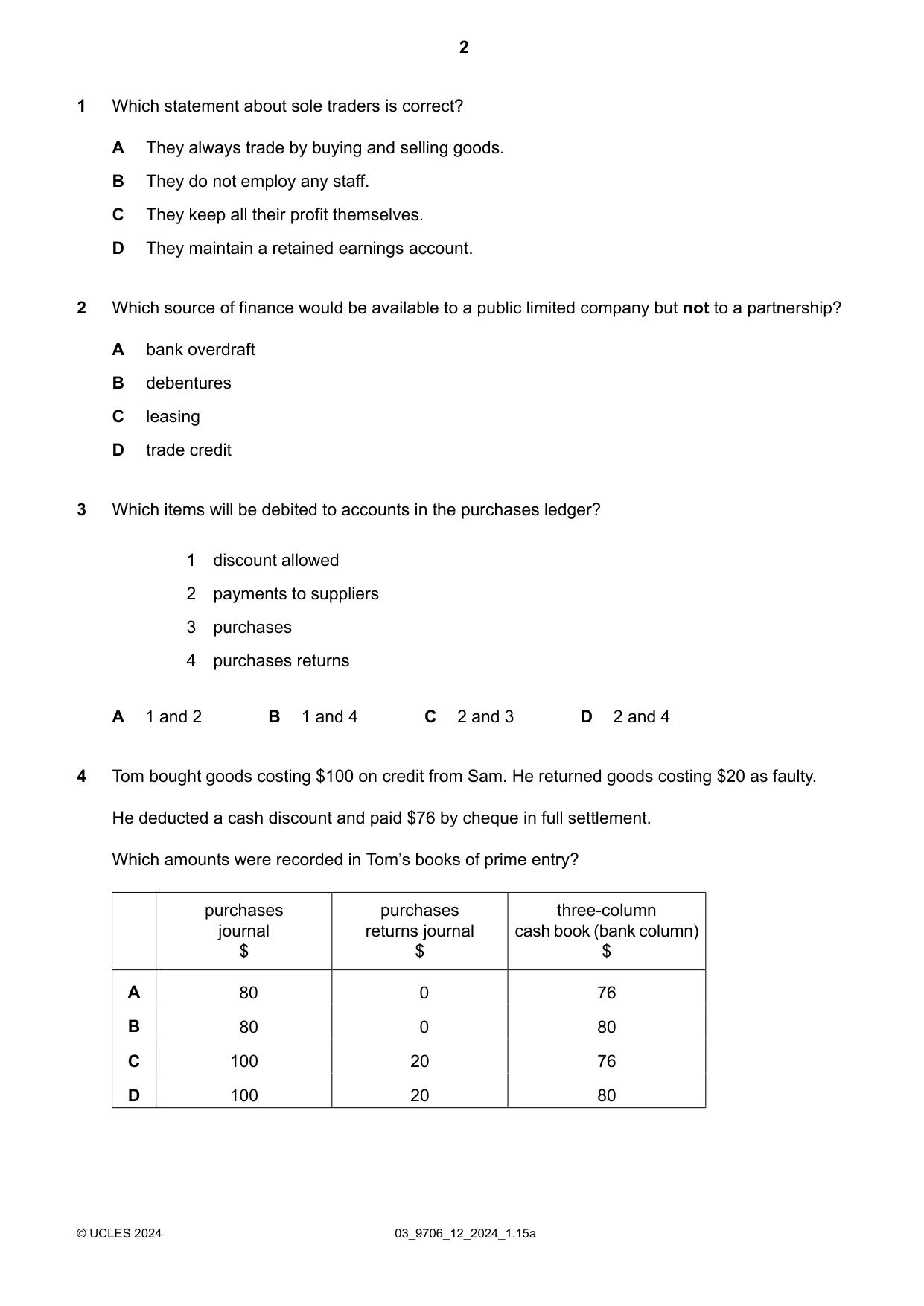 Cambridge A Level Accounting 9706 2024 Feb/March Paper 1 · Variant 2 question paper, page 2 of 12