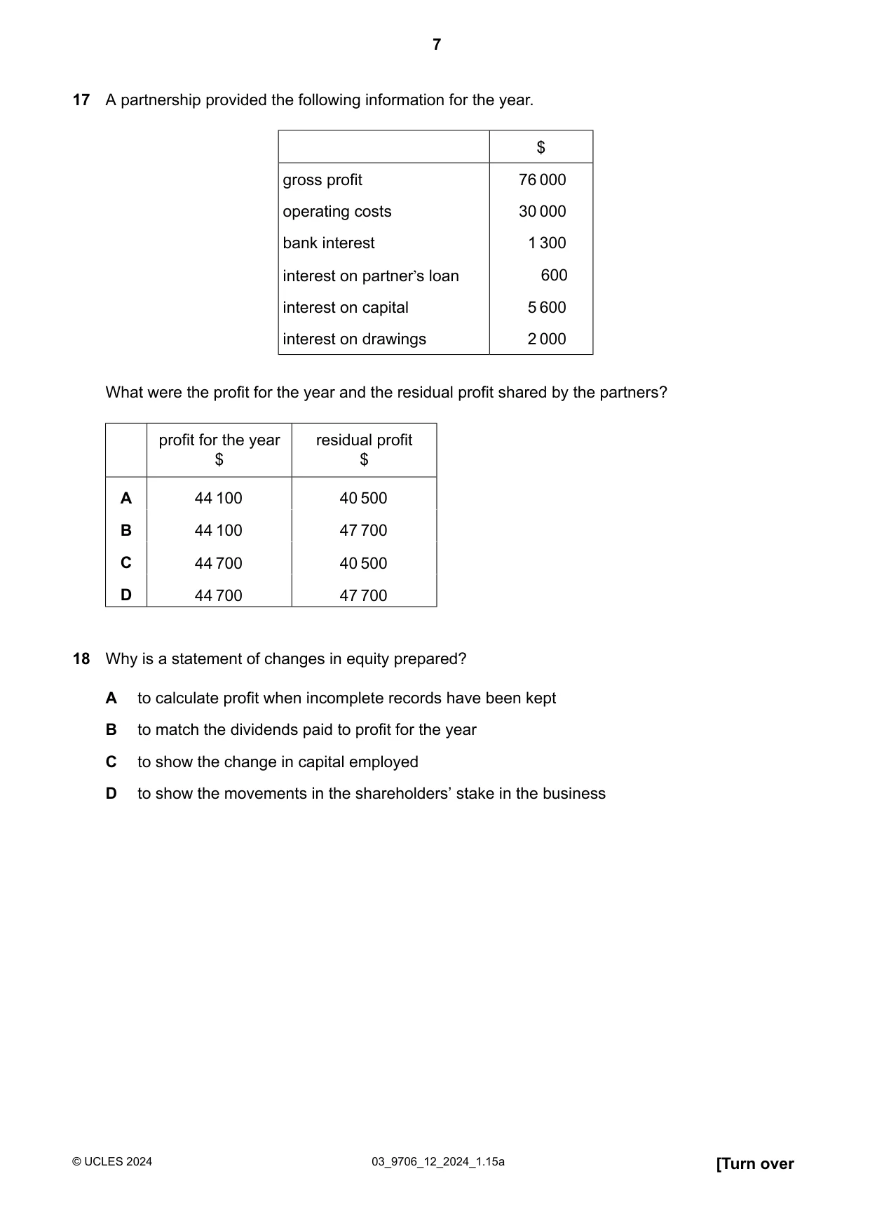 Cambridge A Level Accounting 9706 2024 Feb/March Paper 1 · Variant 2 question paper, page 7 of 12