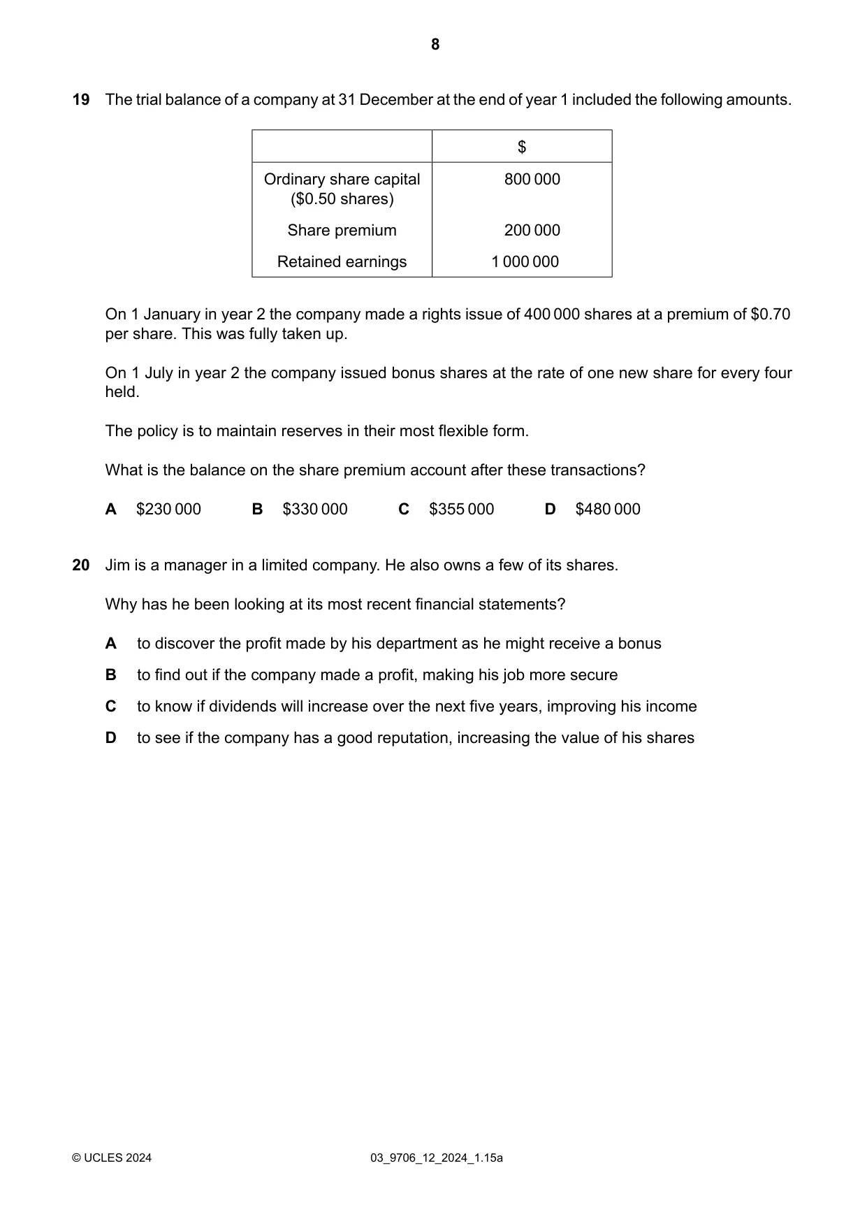 Cambridge A Level Accounting 9706 2024 Feb/March Paper 1 · Variant 2 question paper, page 8 of 12