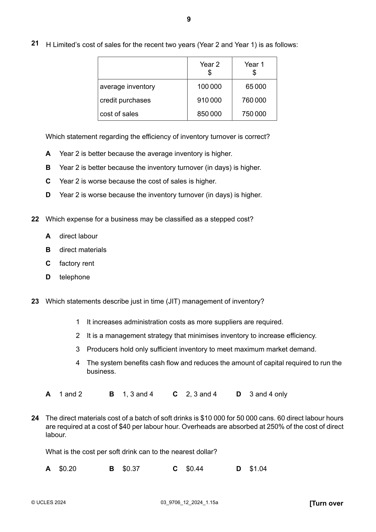 Cambridge A Level Accounting 9706 2024 Feb/March Paper 1 · Variant 2 question paper, page 9 of 12