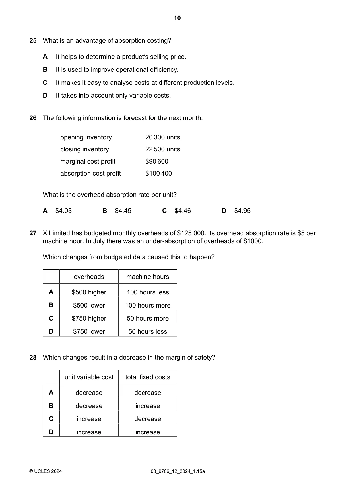 Cambridge A Level Accounting 9706 2024 Feb/March Paper 1 · Variant 2 question paper, page 10 of 12