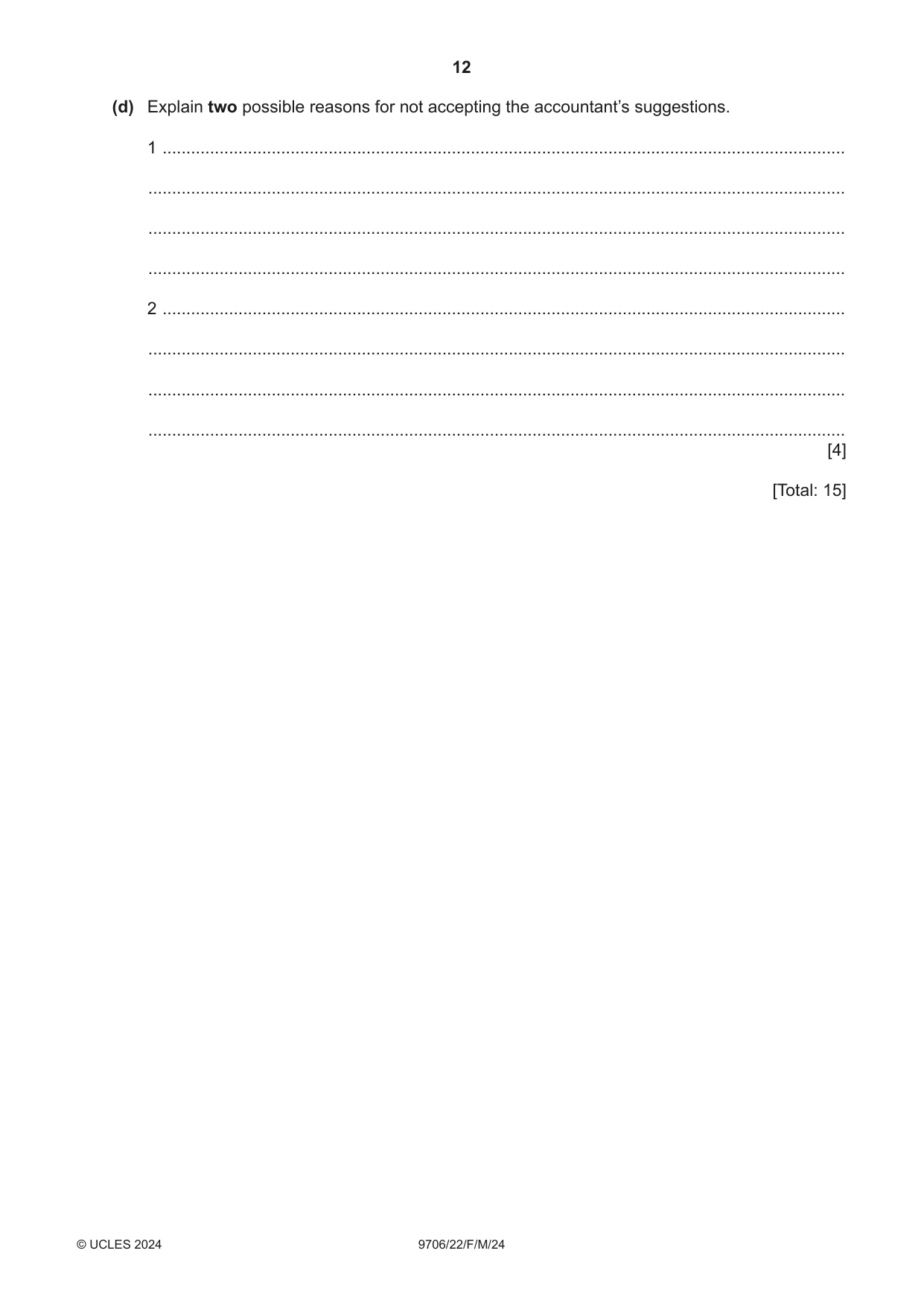 Cambridge A Level Accounting 9706 2024 Feb/March Paper 2 · Variant 2 question paper, page 12 of 20