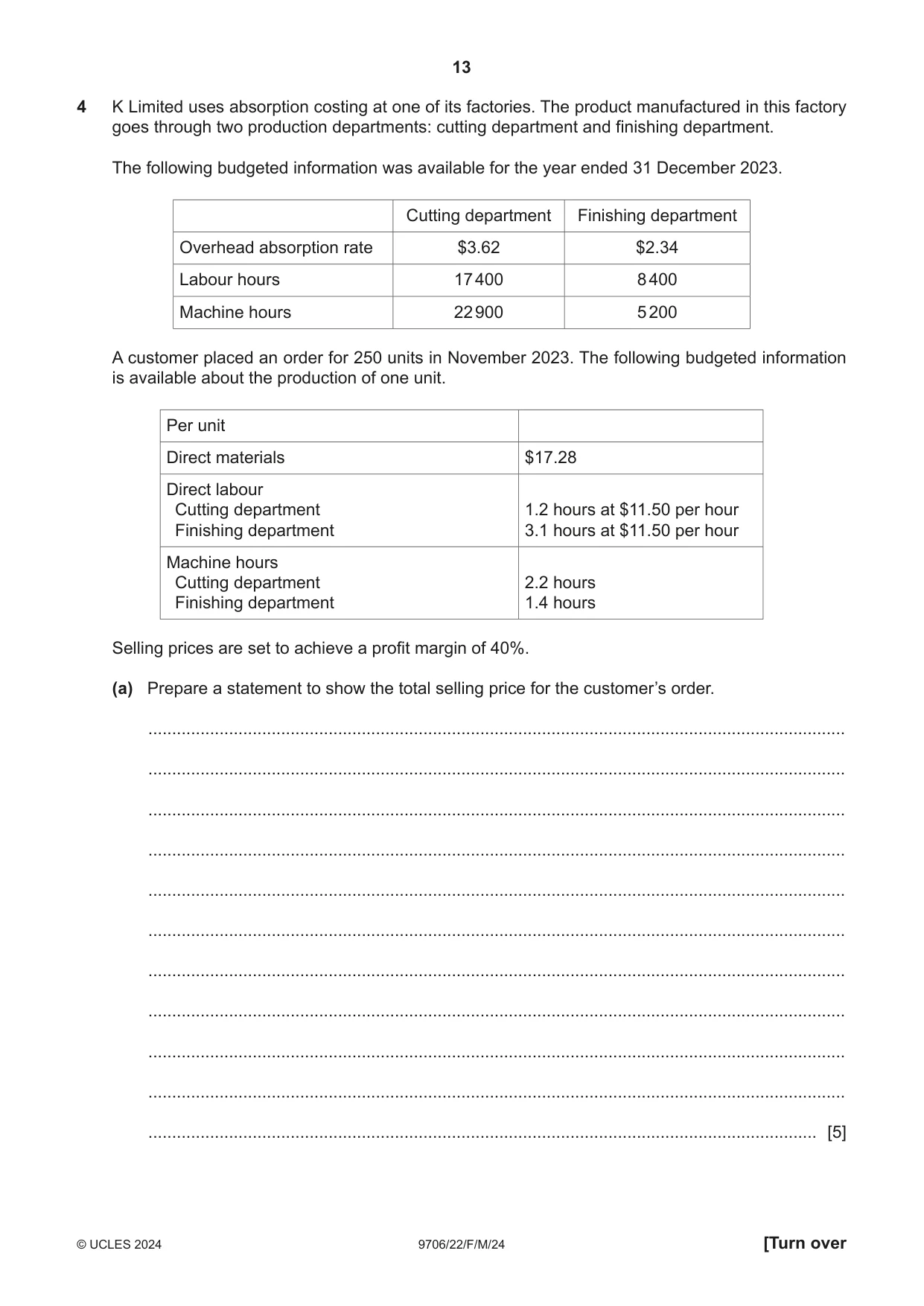 Cambridge A Level Accounting 9706 2024 Feb/March Paper 2 · Variant 2 question paper, page 13 of 20
