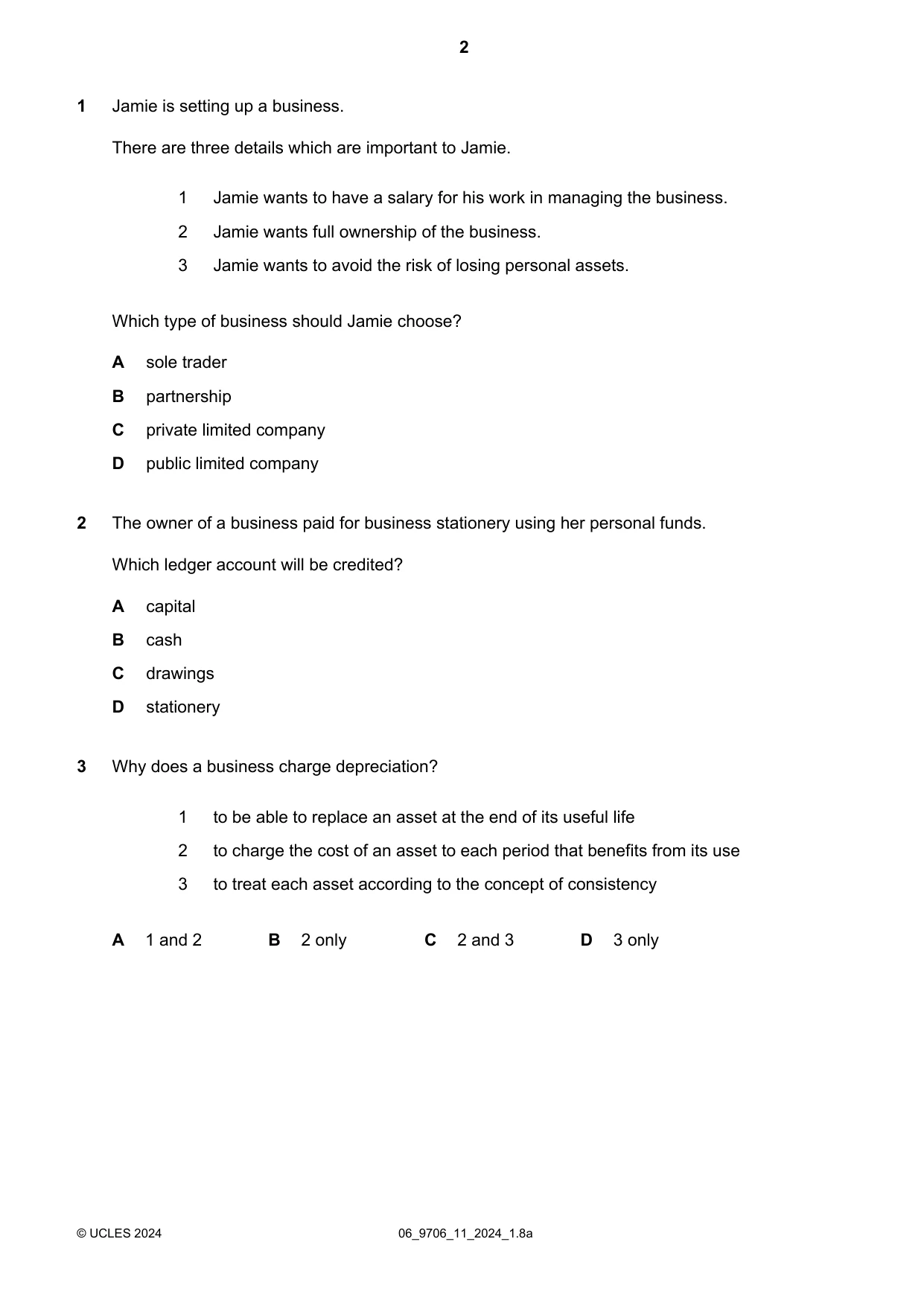 Cambridge A Level Accounting 9706 2024 May/June Paper 1 · Variant 1 question paper, page 2 of 12