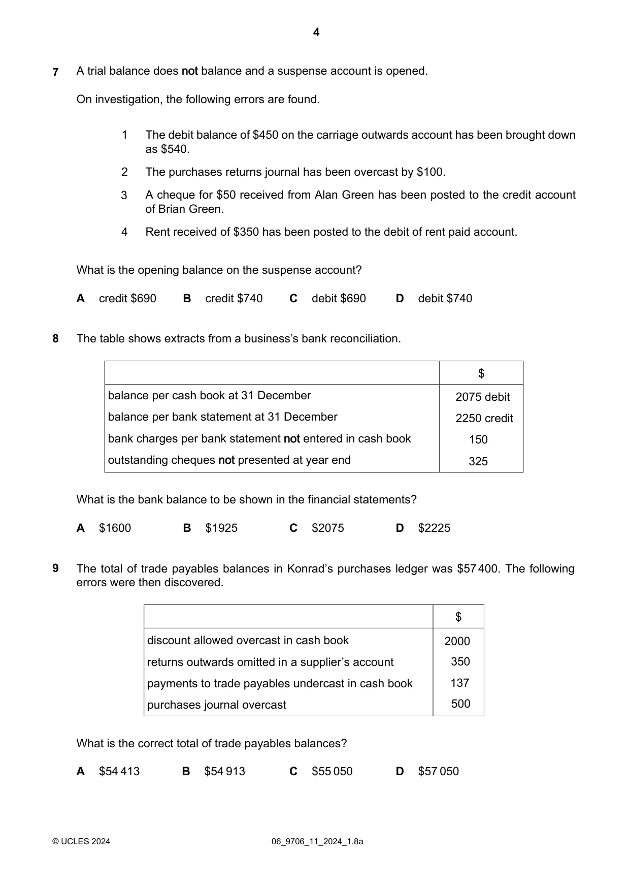 Cambridge A Level Accounting 9706 2024 May/June Paper 1 · Variant 1 question paper, page 4 of 12