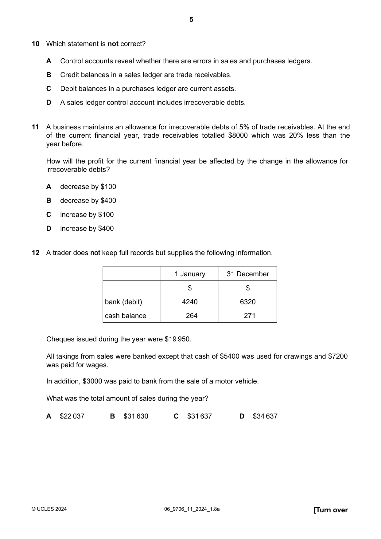 Cambridge A Level Accounting 9706 2024 May/June Paper 1 · Variant 1 question paper, page 5 of 12