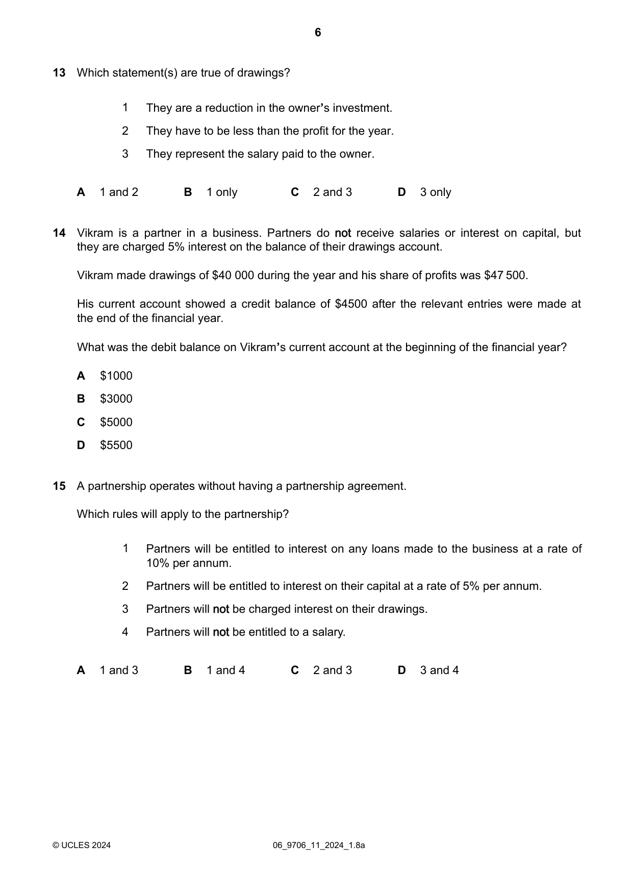 Cambridge A Level Accounting 9706 2024 May/June Paper 1 · Variant 1 question paper, page 6 of 12
