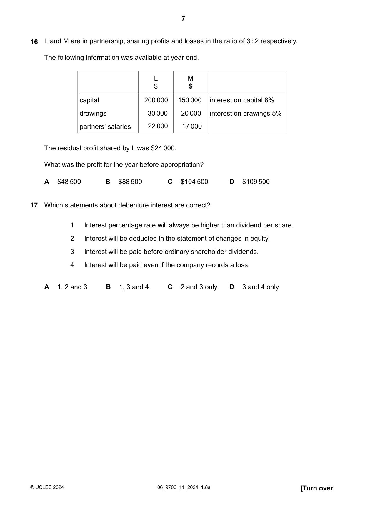 Cambridge A Level Accounting 9706 2024 May/June Paper 1 · Variant 1 question paper, page 7 of 12