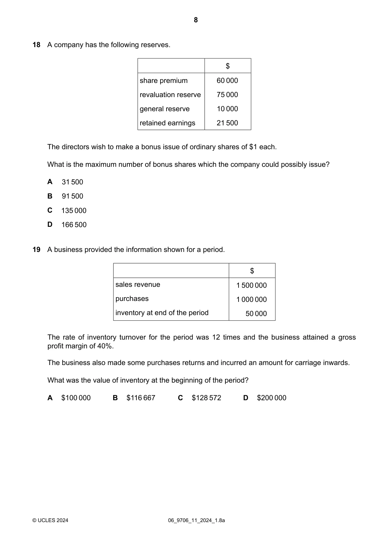 Cambridge A Level Accounting 9706 2024 May/June Paper 1 · Variant 1 question paper, page 8 of 12