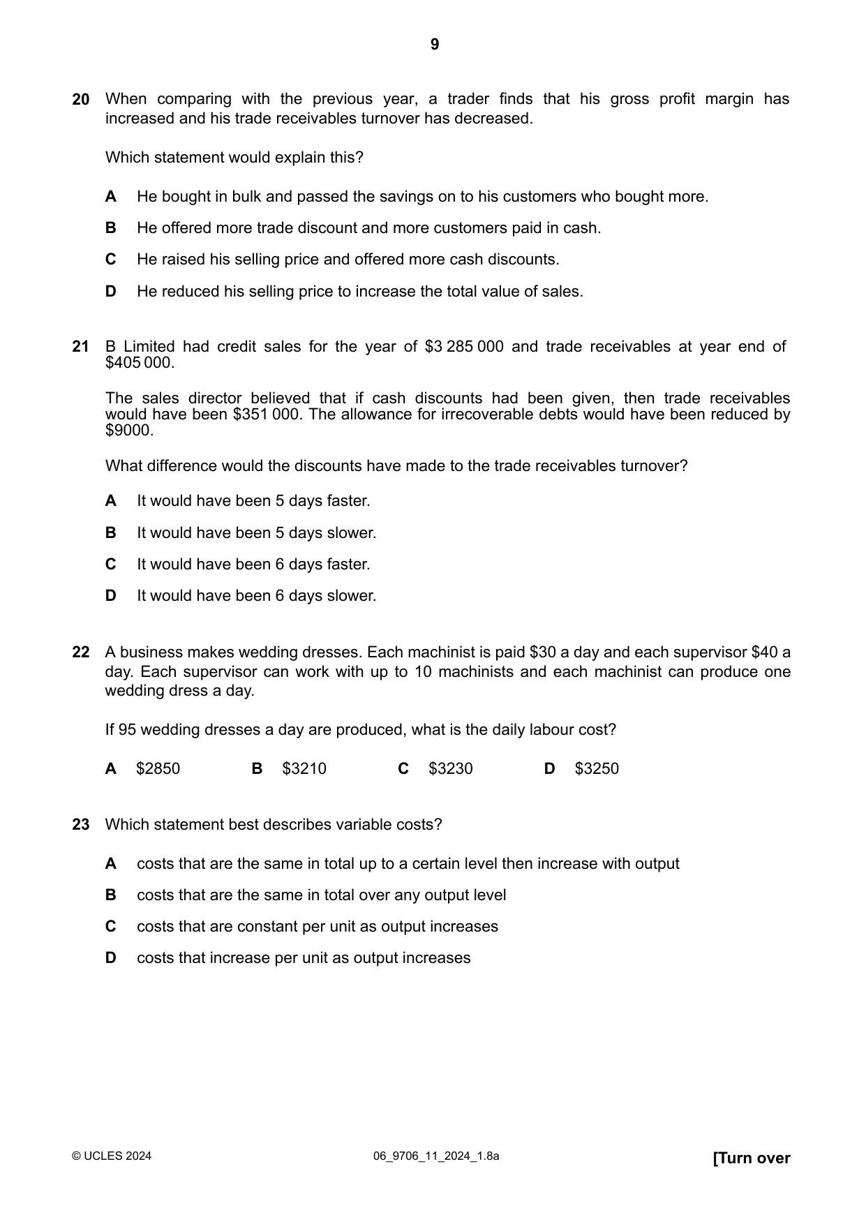 Cambridge A Level Accounting 9706 2024 May/June Paper 1 · Variant 1 question paper, page 9 of 12