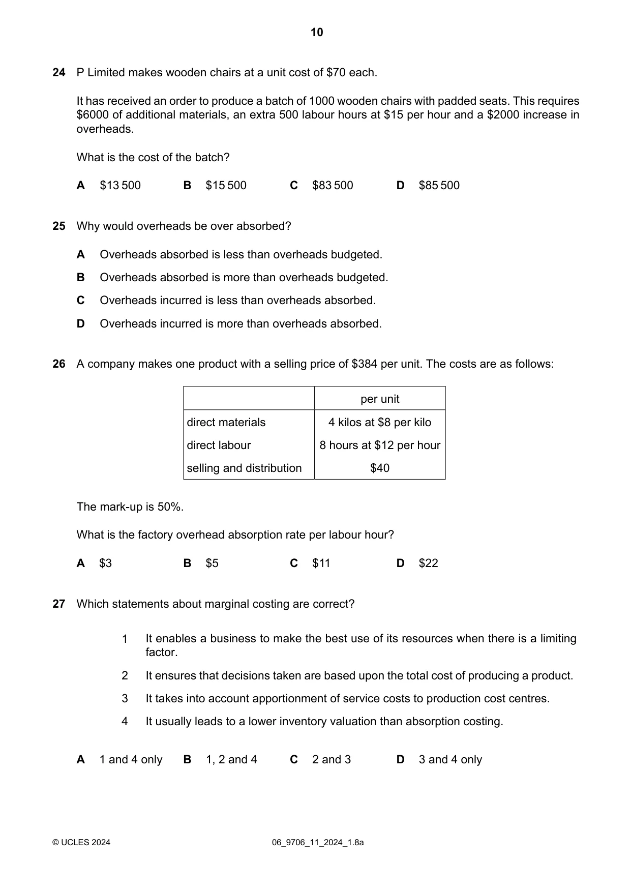 Cambridge A Level Accounting 9706 2024 May/June Paper 1 · Variant 1 question paper, page 10 of 12