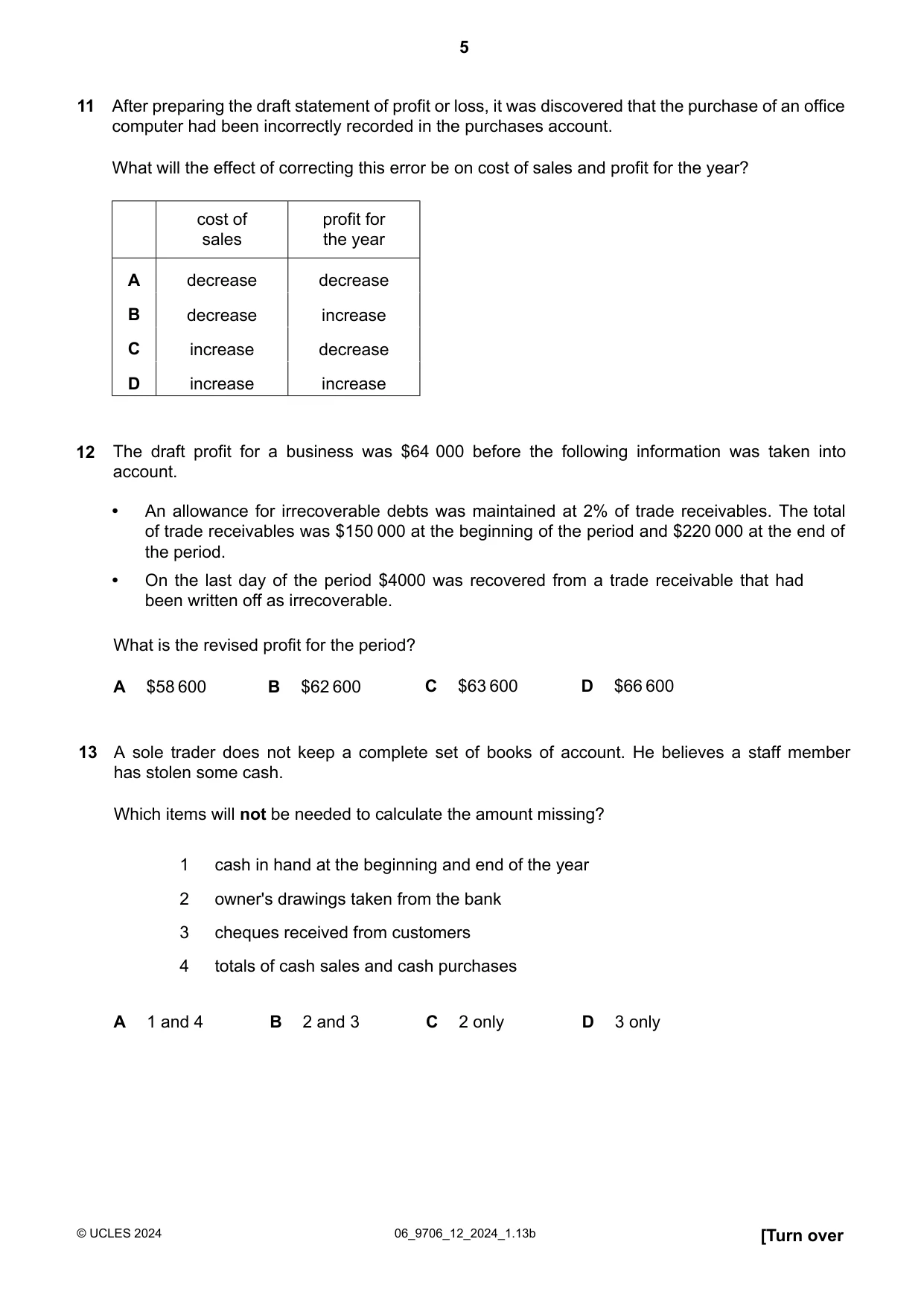 Cambridge A Level Accounting 9706 2024 May/June Paper 1 · Variant 2 question paper, page 5 of 12