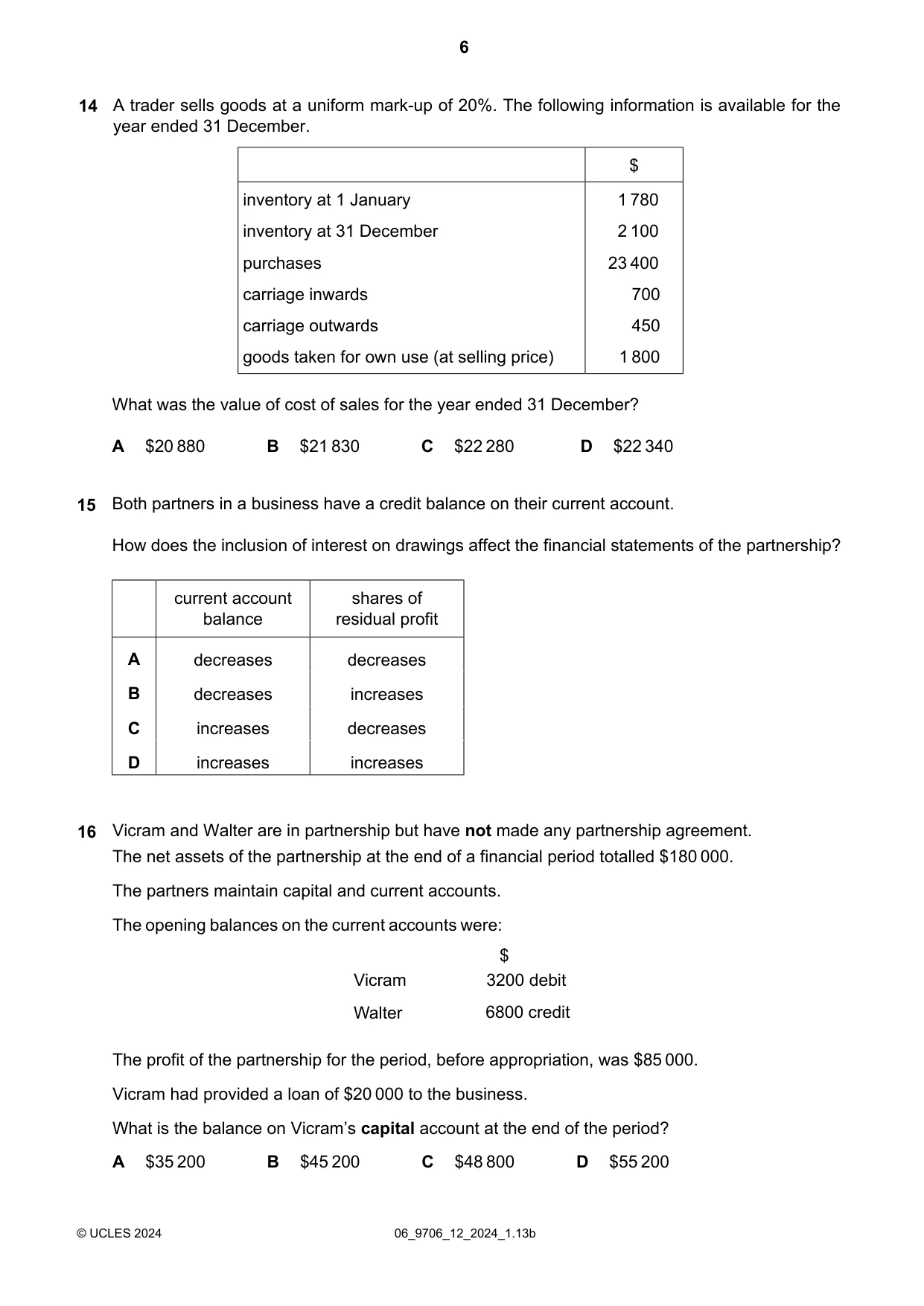 Cambridge A Level Accounting 9706 2024 May/June Paper 1 · Variant 2 question paper, page 6 of 12