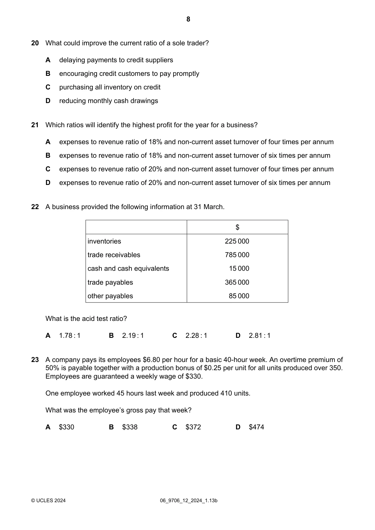 Cambridge A Level Accounting 9706 2024 May/June Paper 1 · Variant 2 question paper, page 8 of 12