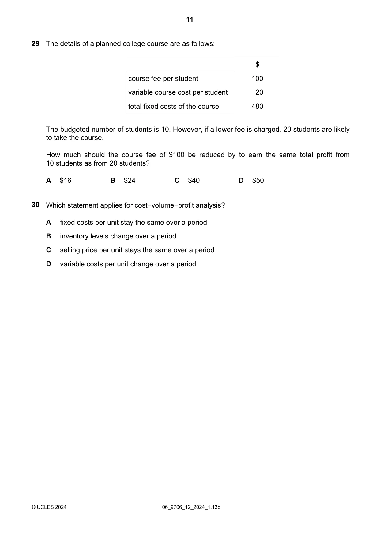 Cambridge A Level Accounting 9706 2024 May/June Paper 1 · Variant 2 question paper, page 11 of 12