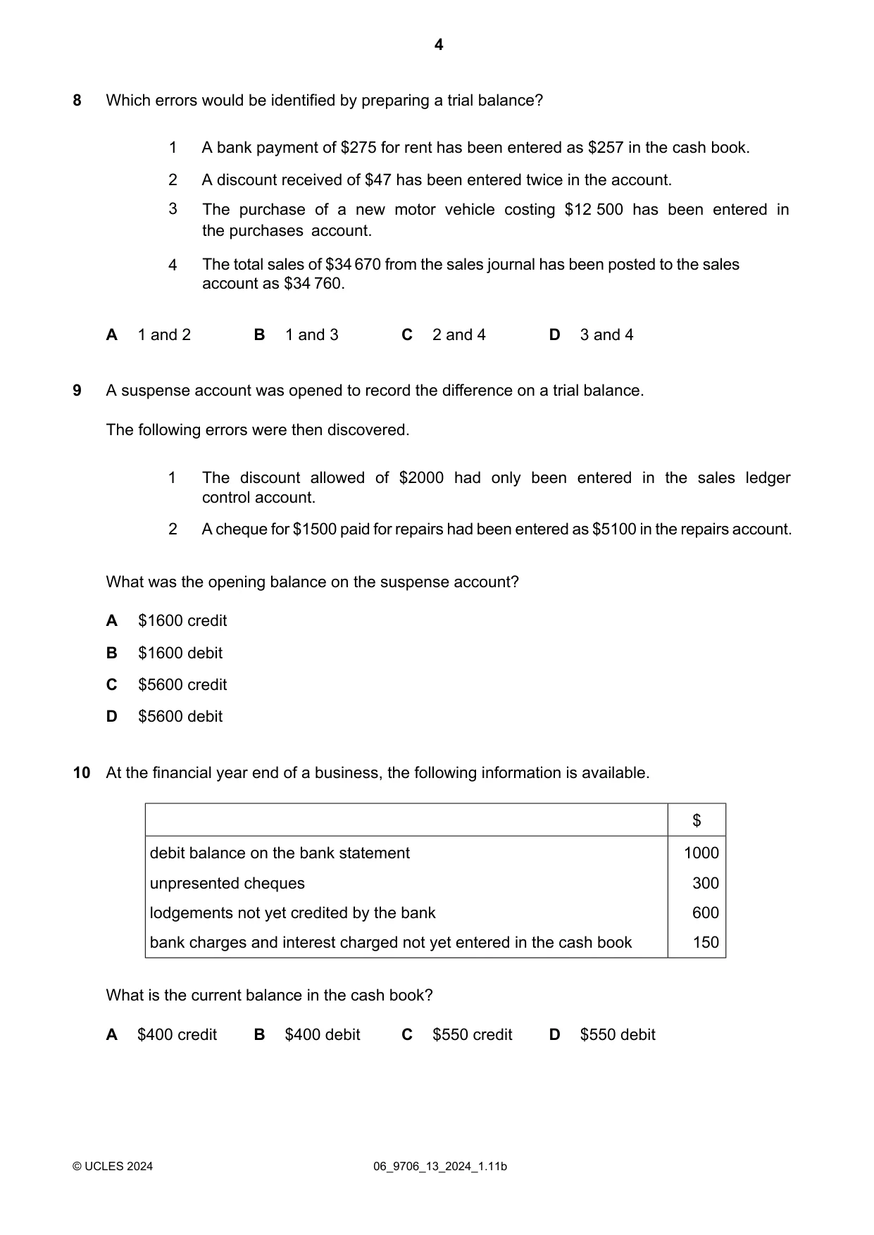 Cambridge A Level Accounting 9706 2024 May/June Paper 1 · Variant 3 question paper, page 4 of 12