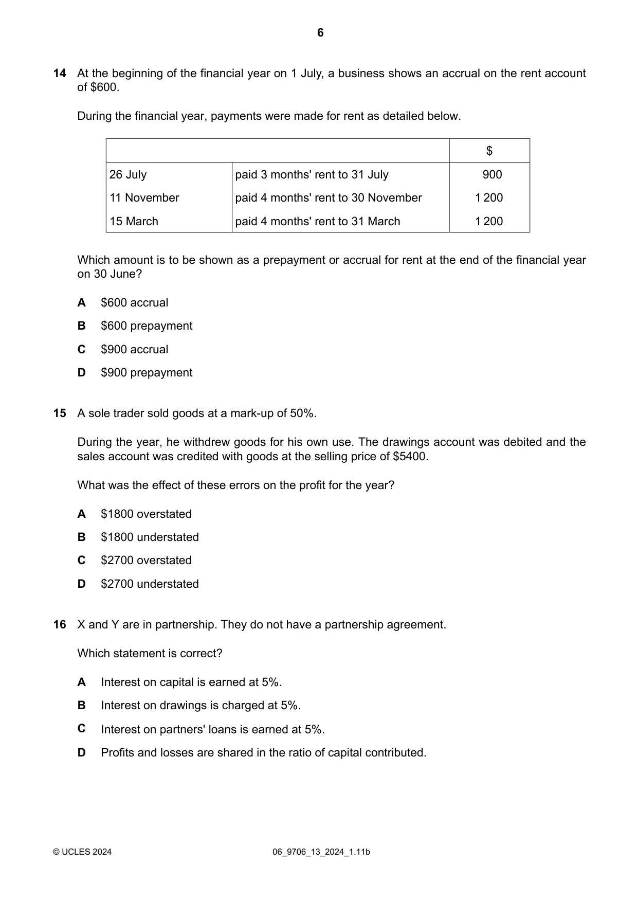 Cambridge A Level Accounting 9706 2024 May/June Paper 1 · Variant 3 question paper, page 6 of 12