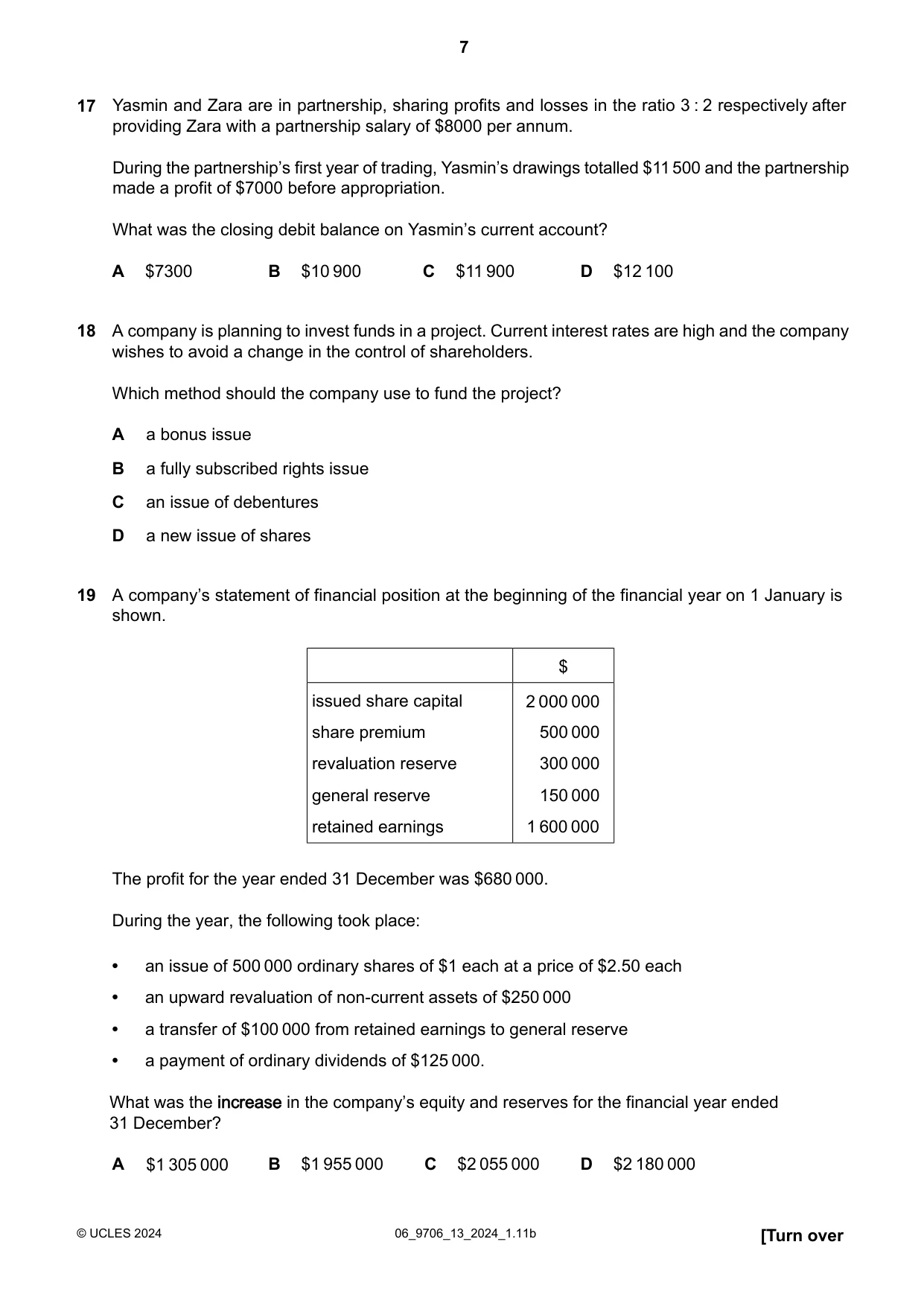 Cambridge A Level Accounting 9706 2024 May/June Paper 1 · Variant 3 question paper, page 7 of 12
