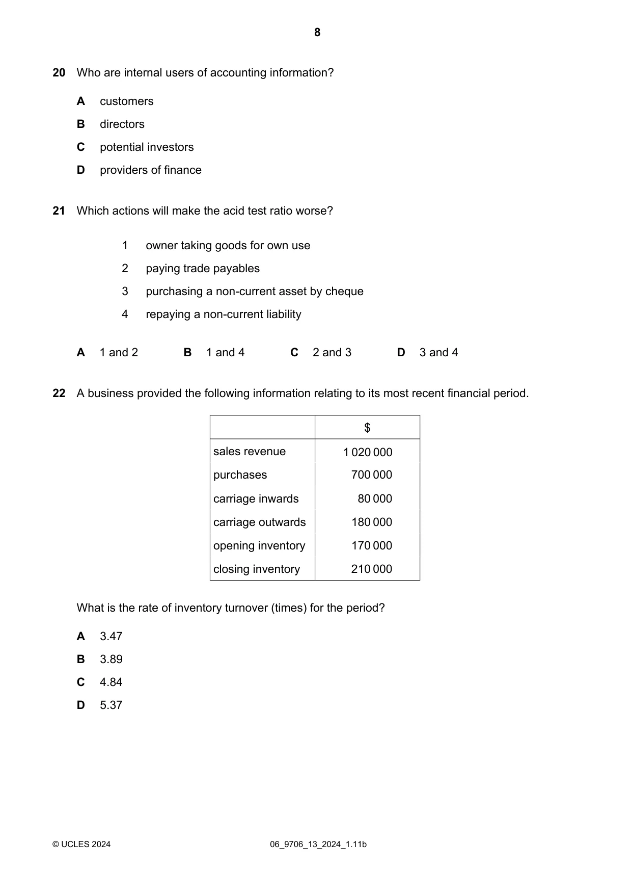 Cambridge A Level Accounting 9706 2024 May/June Paper 1 · Variant 3 question paper, page 8 of 12