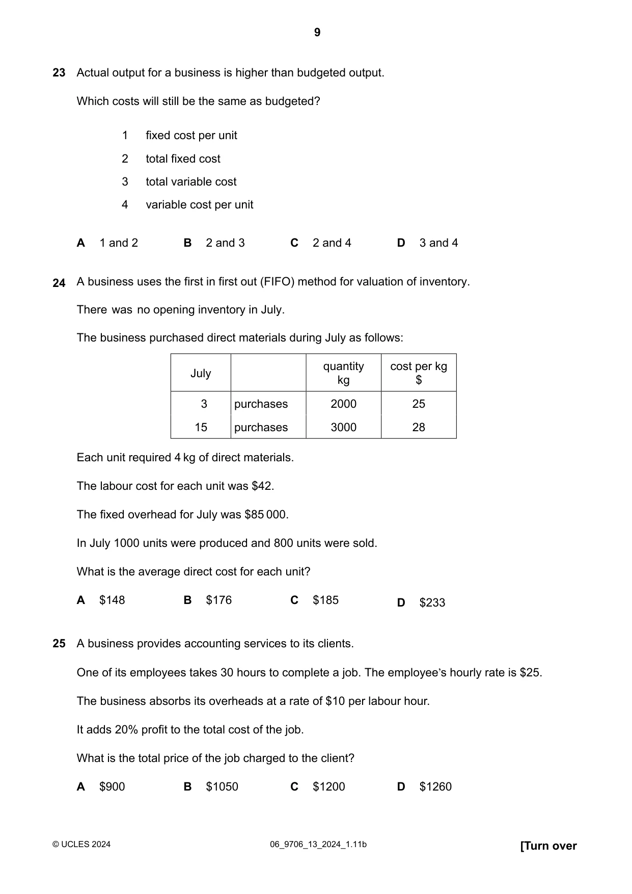 Cambridge A Level Accounting 9706 2024 May/June Paper 1 · Variant 3 question paper, page 9 of 12