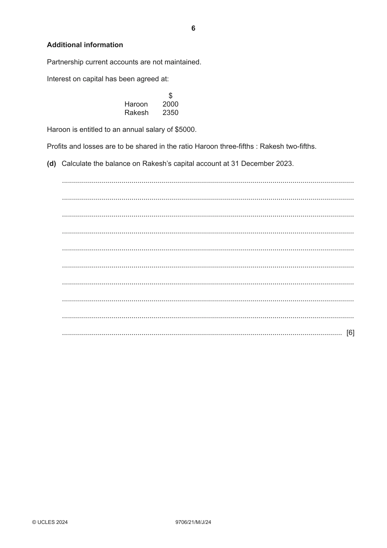 Cambridge A Level Accounting 9706 2024 May/June Paper 2 · Variant 1 question paper, page 6 of 20