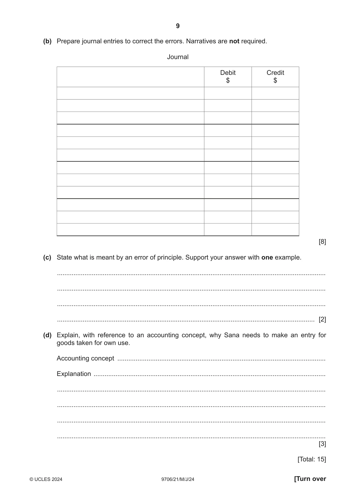 Cambridge A Level Accounting 9706 2024 May/June Paper 2 · Variant 1 question paper, page 9 of 20