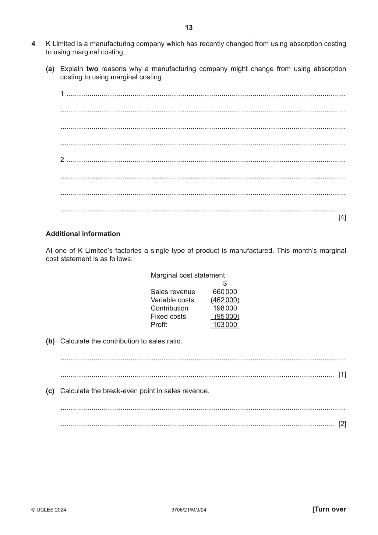 Cambridge A Level Accounting 9706 2024 May/June Paper 2 · Variant 1 question paper, page 13 of 20