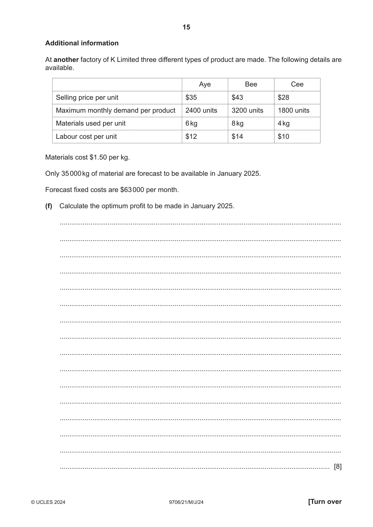Cambridge A Level Accounting 9706 2024 May/June Paper 2 · Variant 1 question paper, page 15 of 20