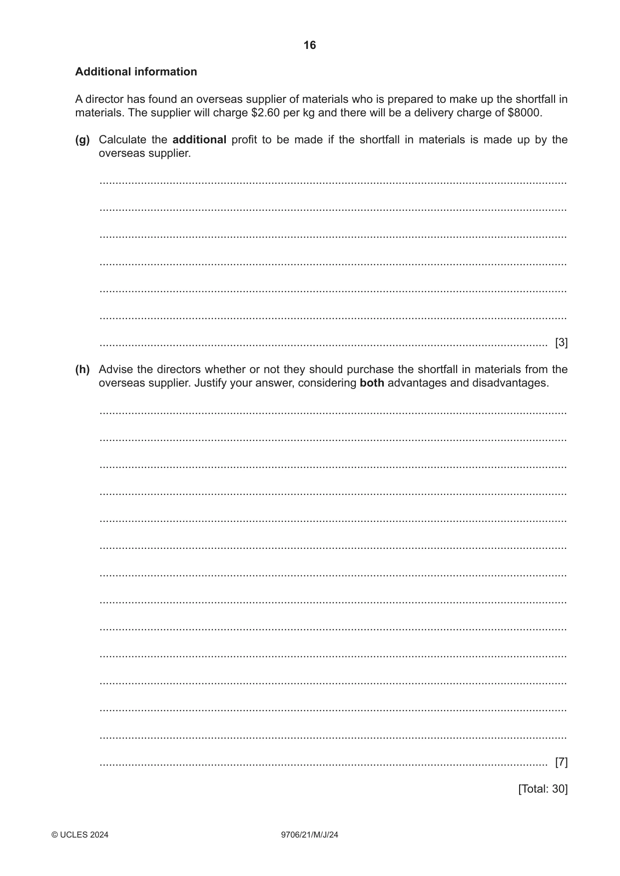 Cambridge A Level Accounting 9706 2024 May/June Paper 2 · Variant 1 question paper, page 16 of 20
