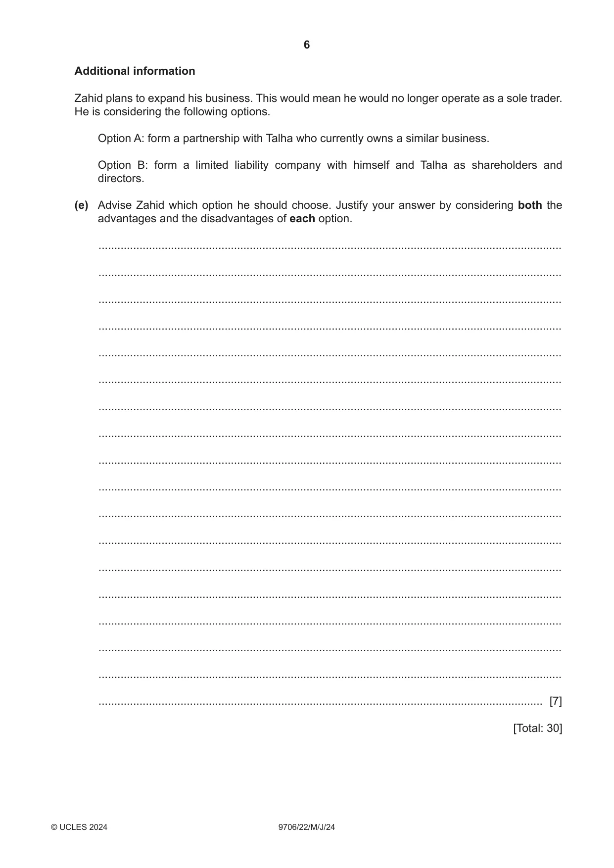 Cambridge A Level Accounting 9706 2024 May/June Paper 2 · Variant 2 question paper, page 6 of 16