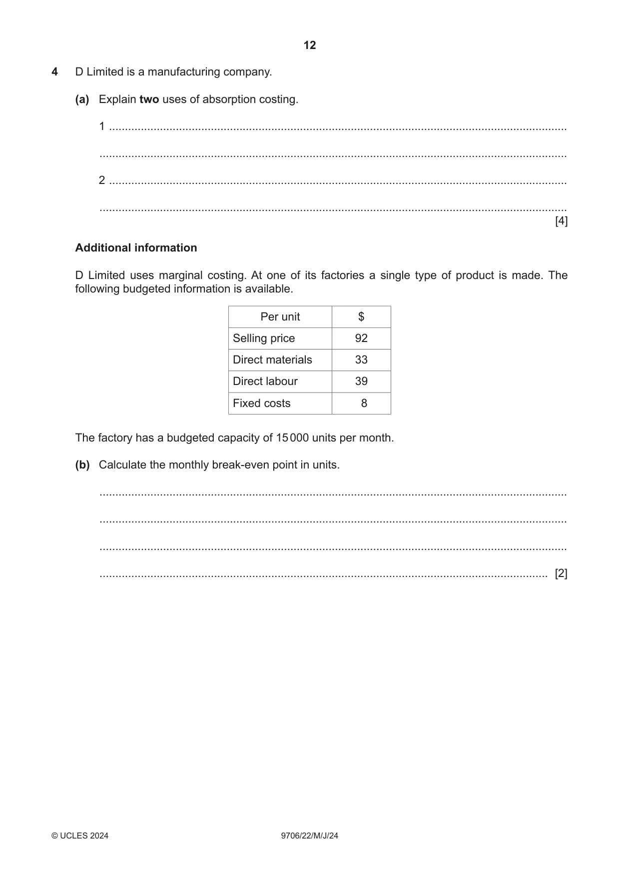 Cambridge A Level Accounting 9706 2024 May/June Paper 2 · Variant 2 question paper, page 12 of 16