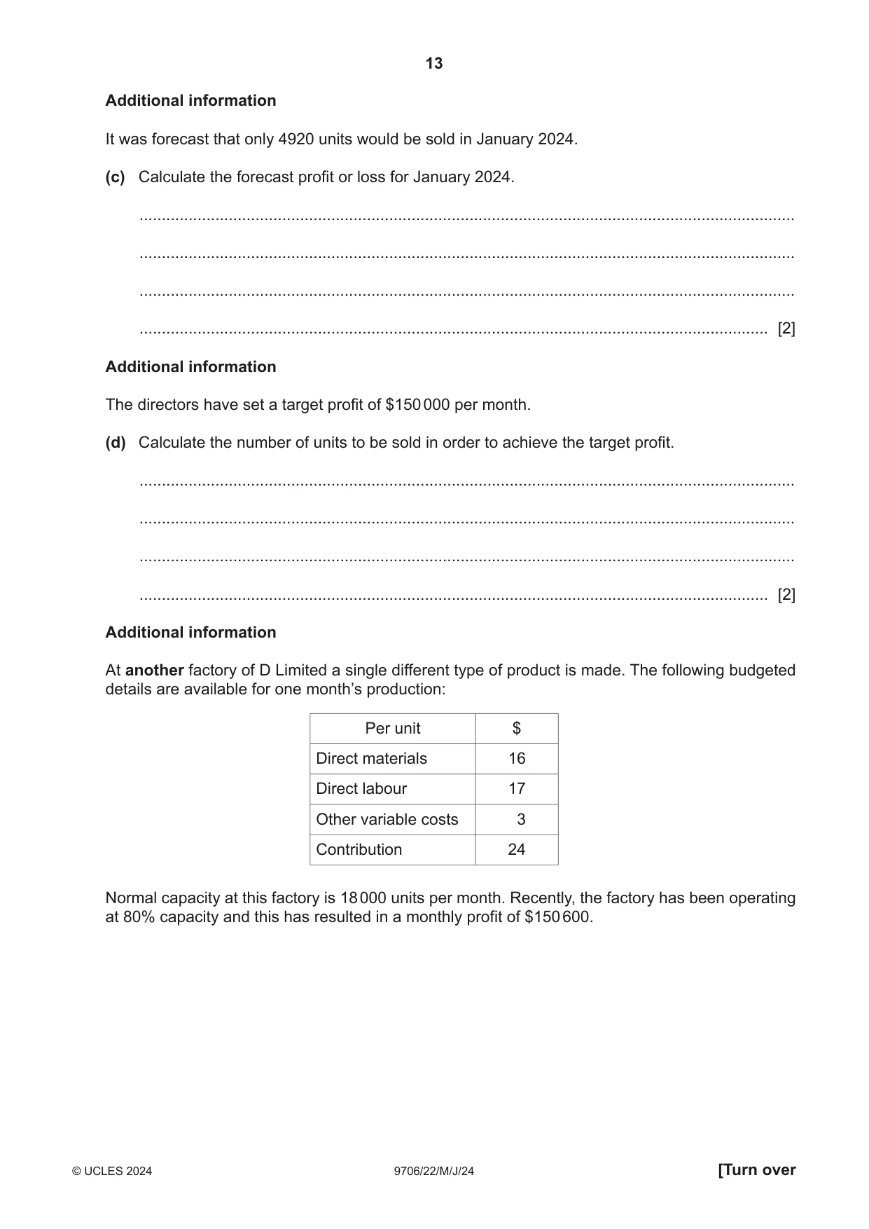 Cambridge A Level Accounting 9706 2024 May/June Paper 2 · Variant 2 question paper, page 13 of 16