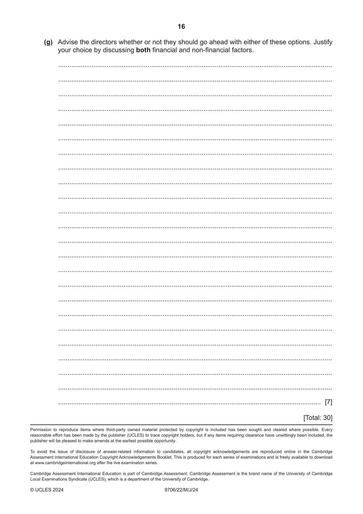 Cambridge A Level Accounting 9706 2024 May/June Paper 2 · Variant 2 question paper, page 16 of 16