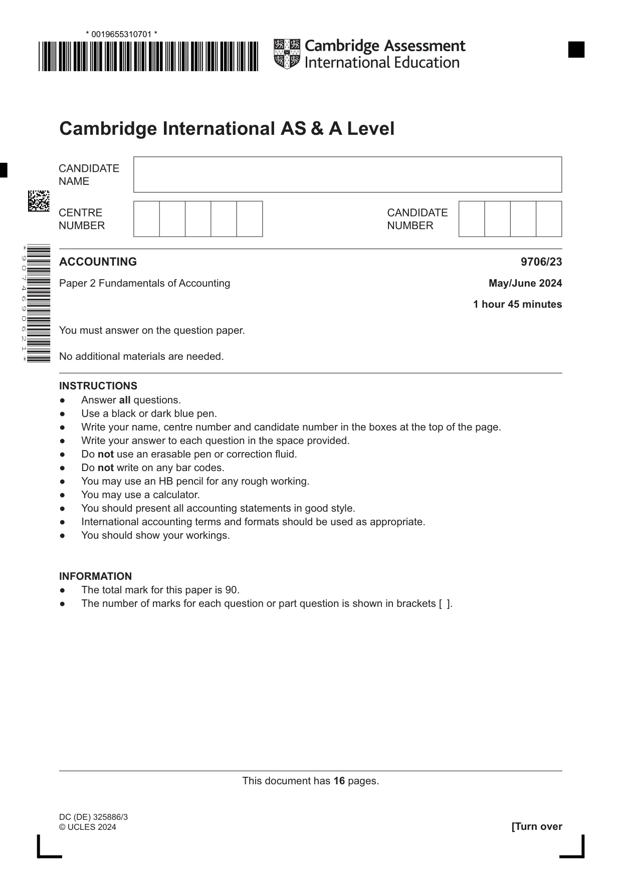 Cambridge A Level Accounting 9706 2024 May/June Paper 2 · Variant 3 question paper, page 1 of 16