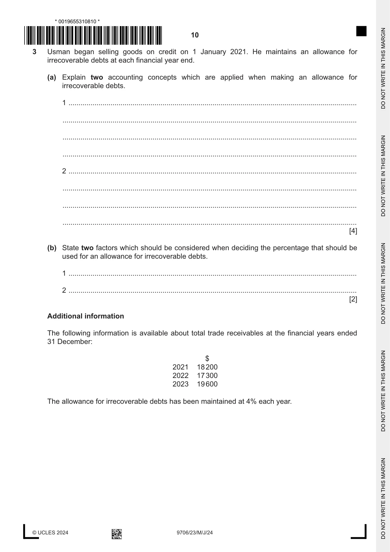 Cambridge A Level Accounting 9706 2024 May/June Paper 2 · Variant 3 question paper, page 10 of 16