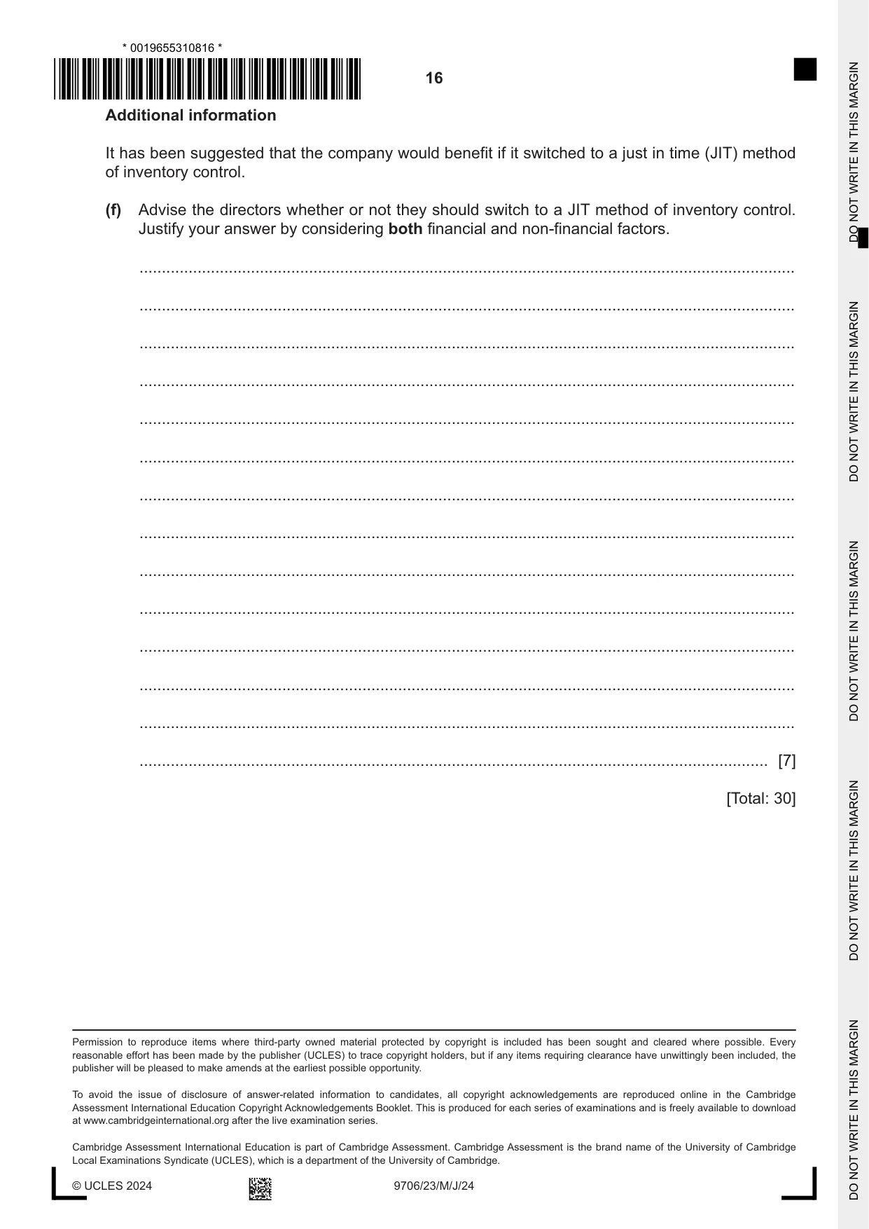 Cambridge A Level Accounting 9706 2024 May/June Paper 2 · Variant 3 question paper, page 16 of 16