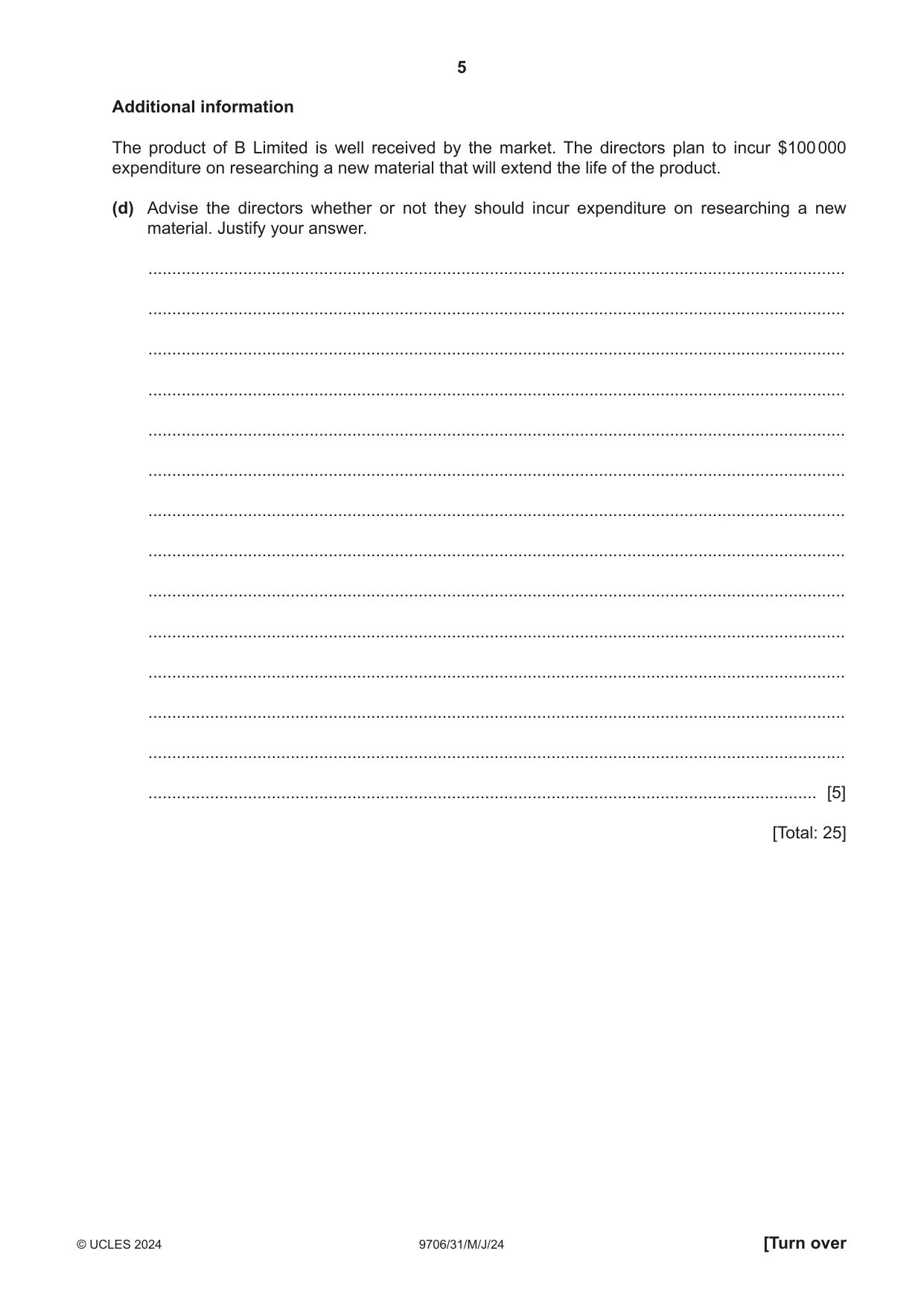 Cambridge A Level Accounting 9706 2024 May/June Paper 3 · Variant 1 question paper, page 5 of 12