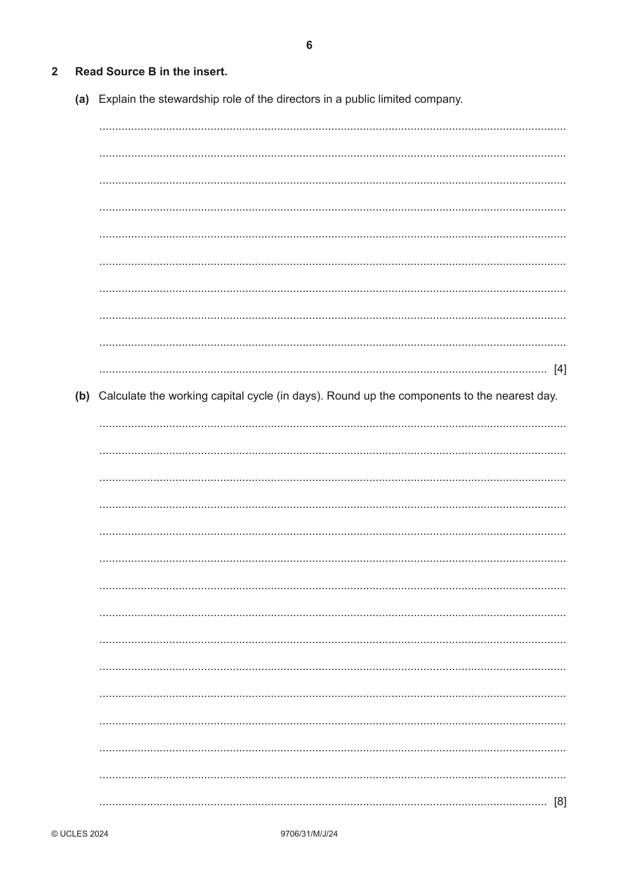 Cambridge A Level Accounting 9706 2024 May/June Paper 3 · Variant 1 question paper, page 6 of 12