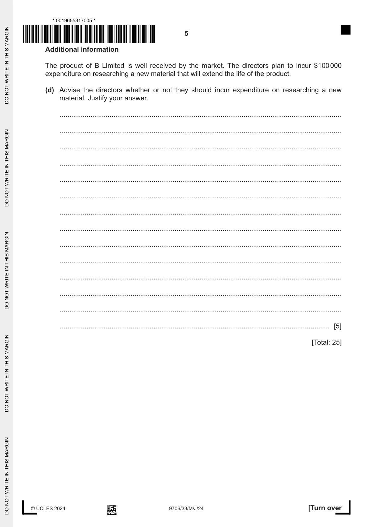 Cambridge A Level Accounting 9706 2024 May/June Paper 3 · Variant 3 question paper, page 5 of 12
