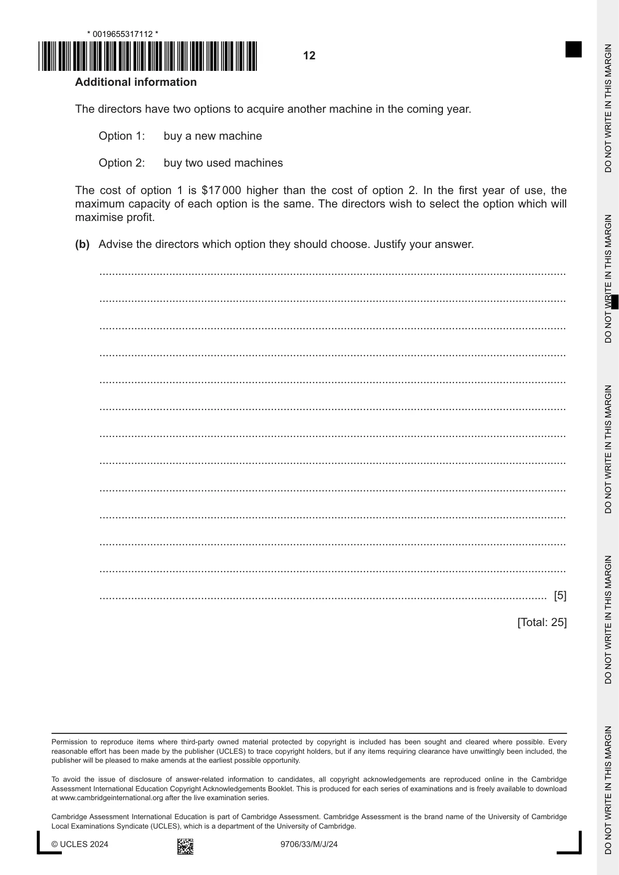 Cambridge A Level Accounting 9706 2024 May/June Paper 3 · Variant 3 question paper, page 12 of 12