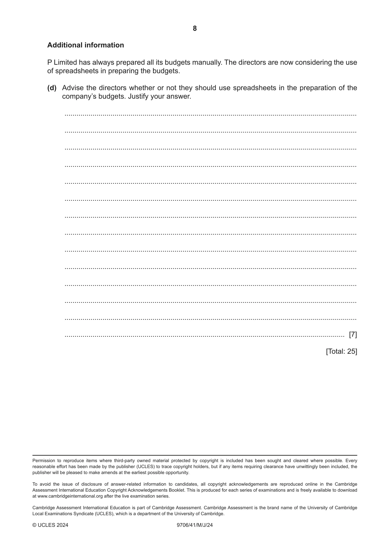 Cambridge A Level Accounting 9706 2024 May/June Paper 4 · Variant 1 question paper, page 8 of 8