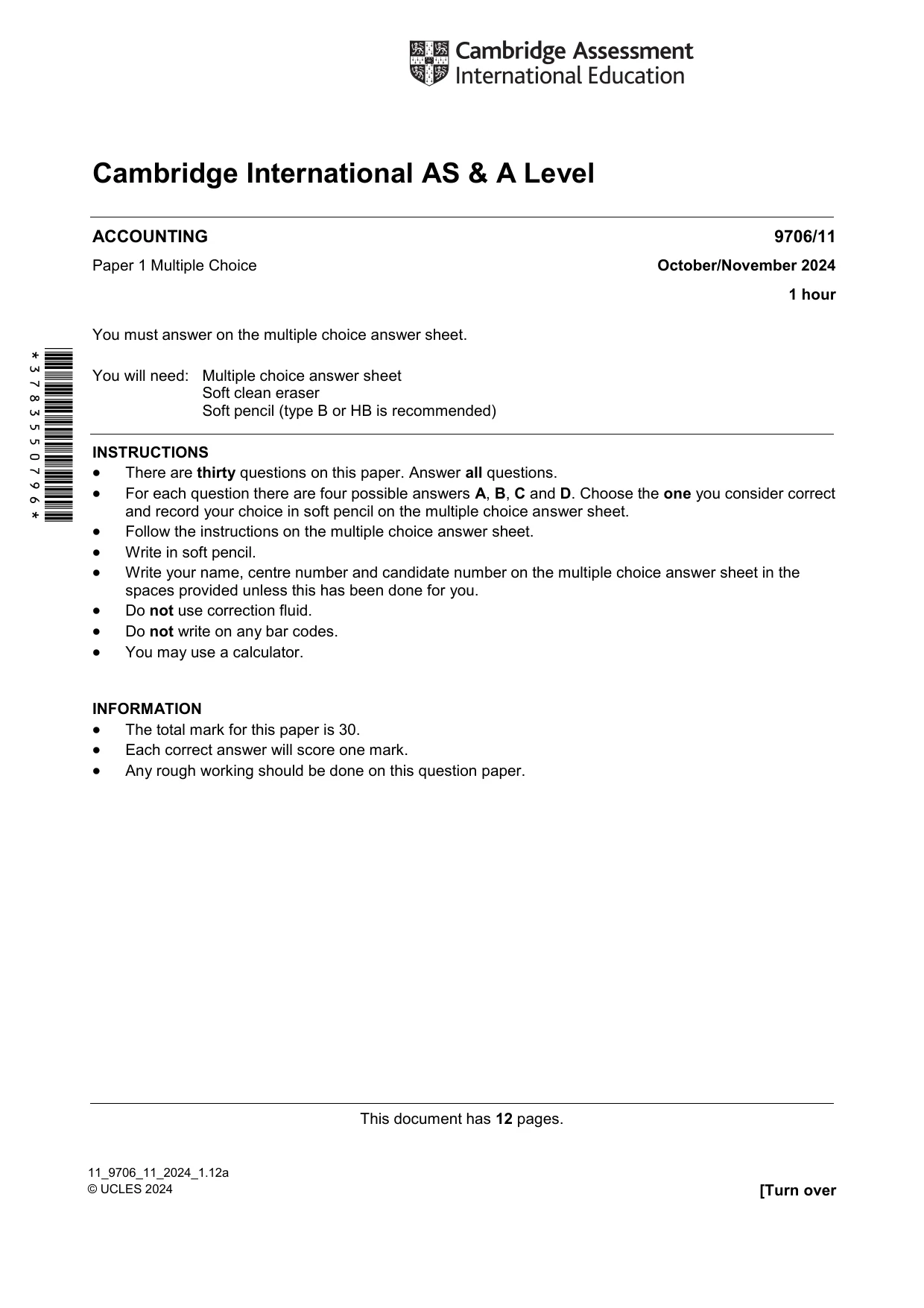 Cambridge A Level Accounting 9706 2024 Oct/Nov Paper 1 · Variant 1 question paper, page 1 of 12