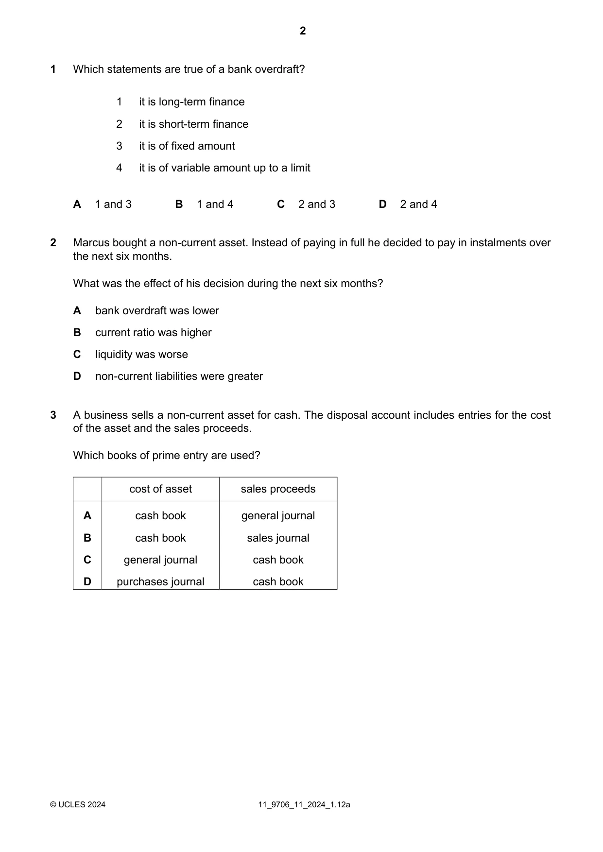 Cambridge A Level Accounting 9706 2024 Oct/Nov Paper 1 · Variant 1 question paper, page 2 of 12