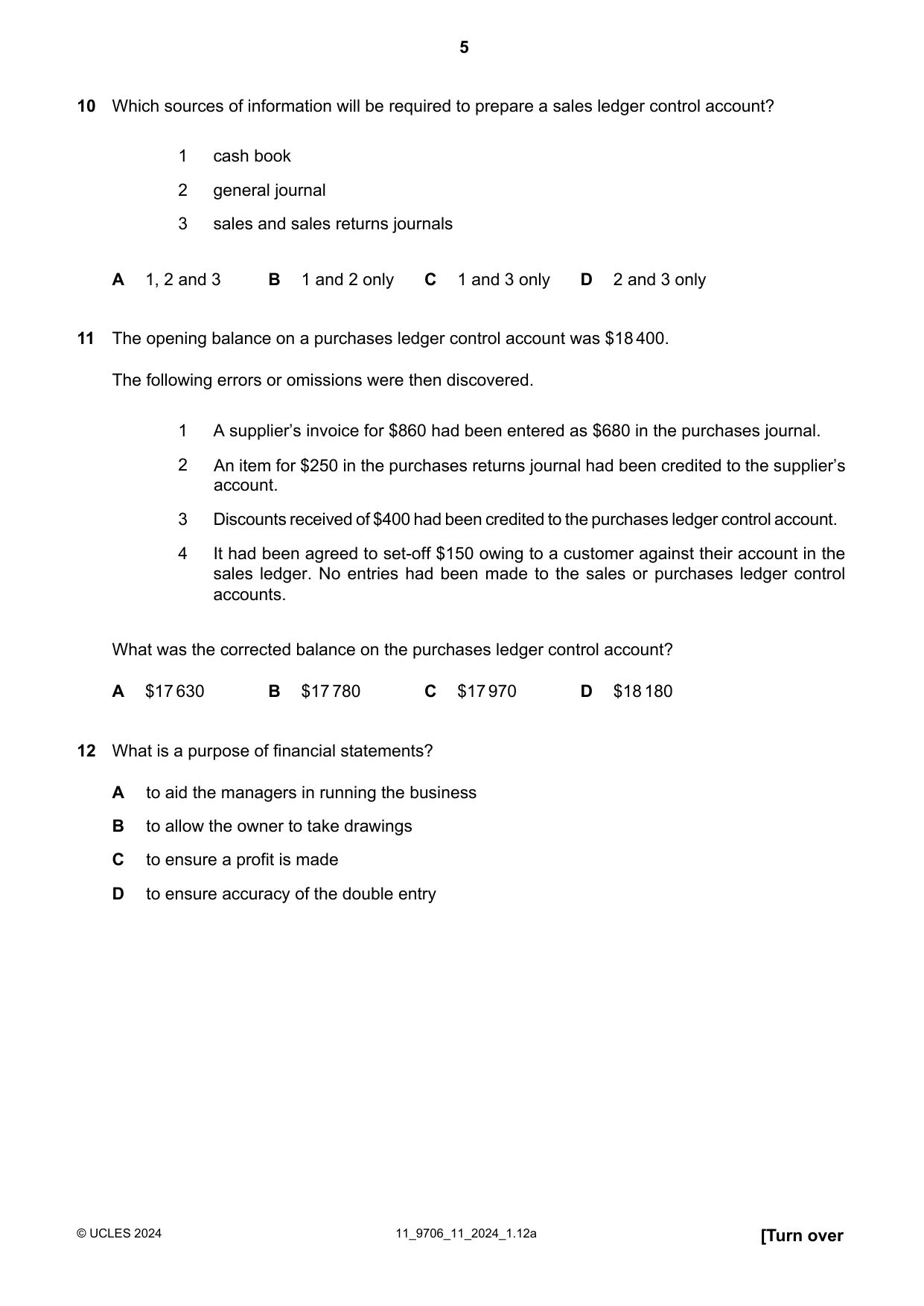 Cambridge A Level Accounting 9706 2024 Oct/Nov Paper 1 · Variant 1 question paper, page 5 of 12