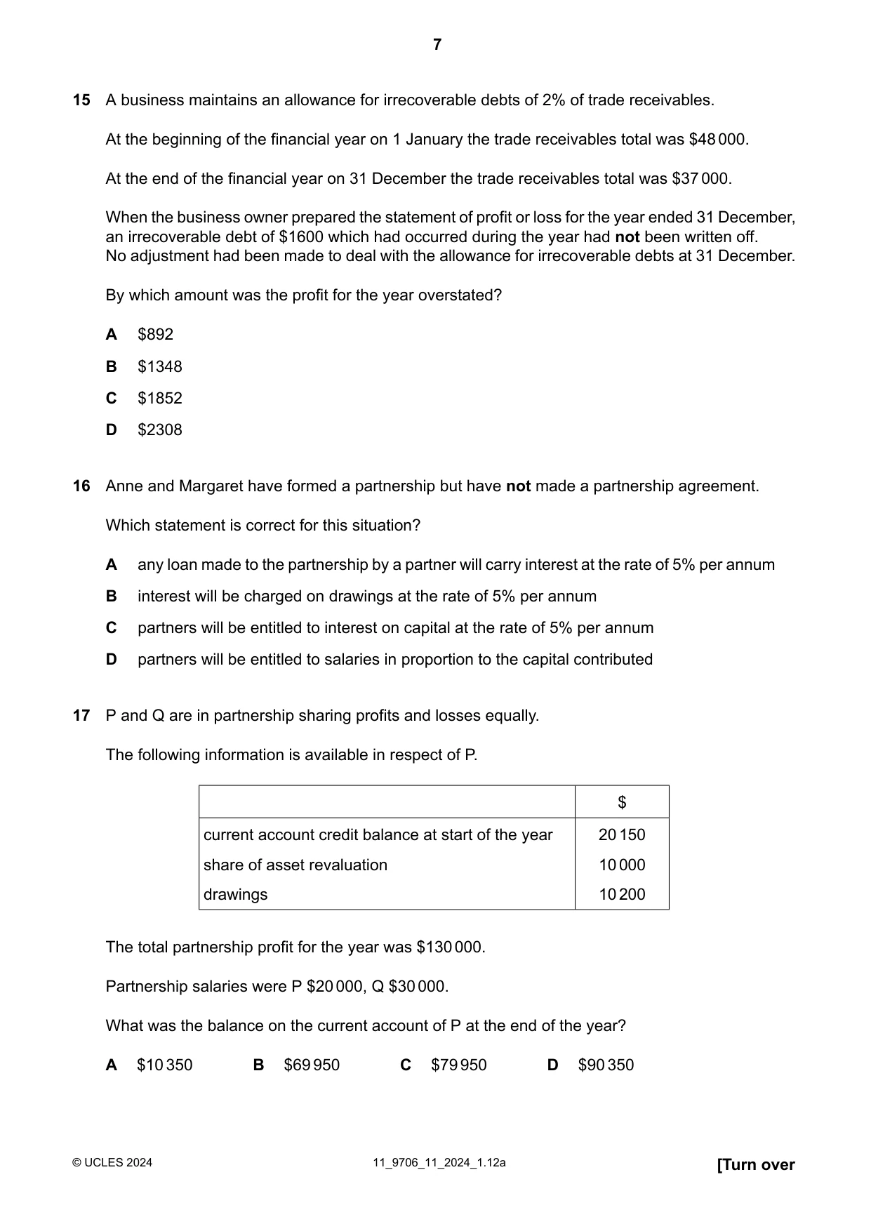 Cambridge A Level Accounting 9706 2024 Oct/Nov Paper 1 · Variant 1 question paper, page 7 of 12